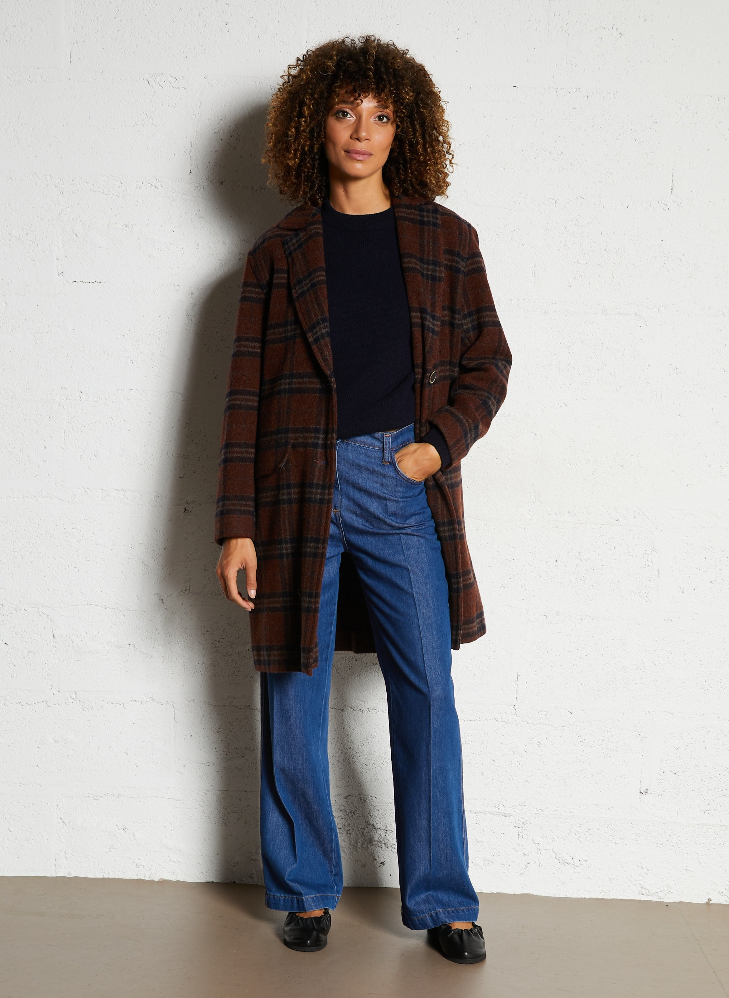 Manteau long col tailleur à carreaux en laine mélangée DIEGA Rouge