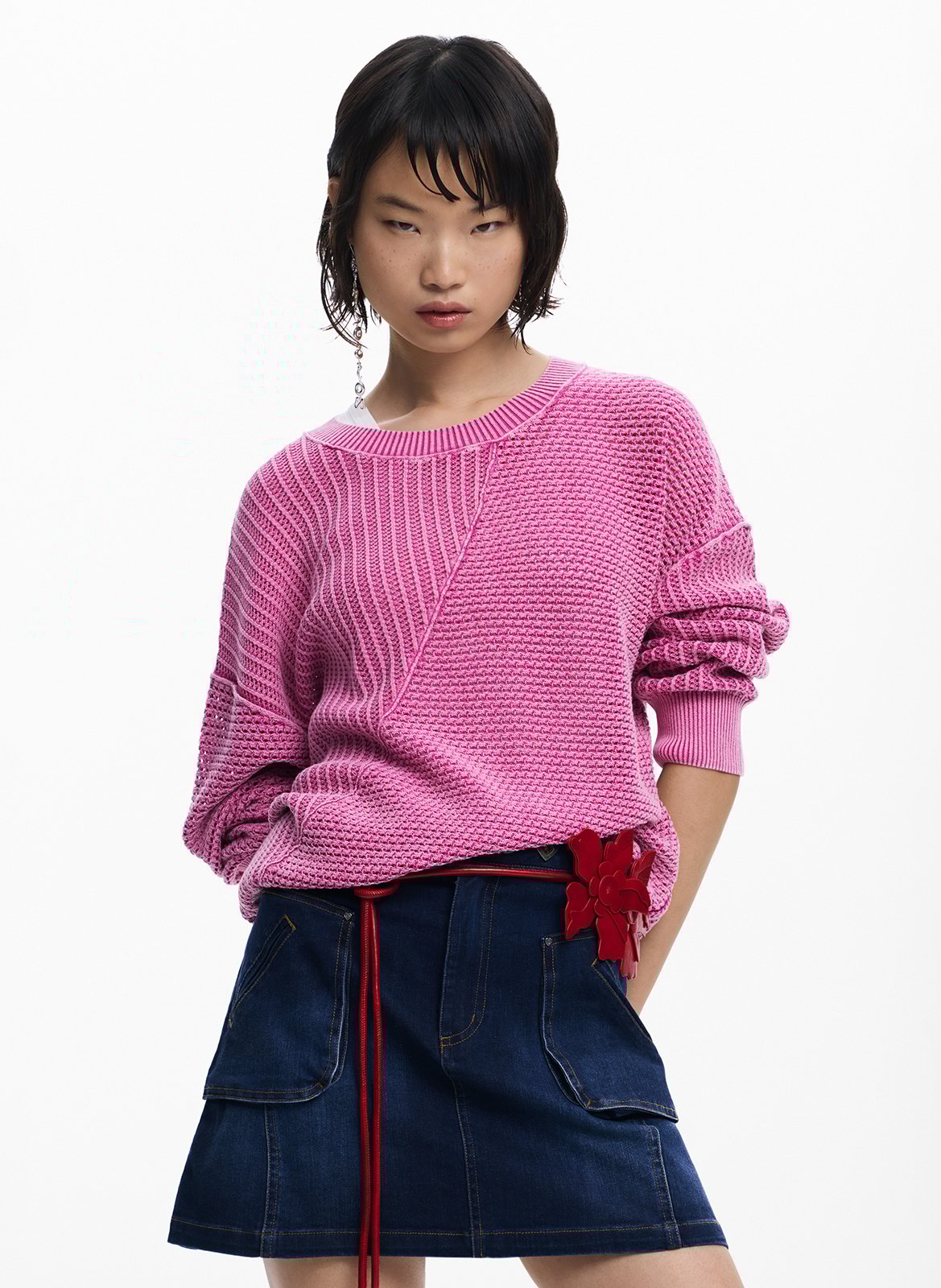 Pull ample col rond uni en coton mélangé DESIGUAL Rouge