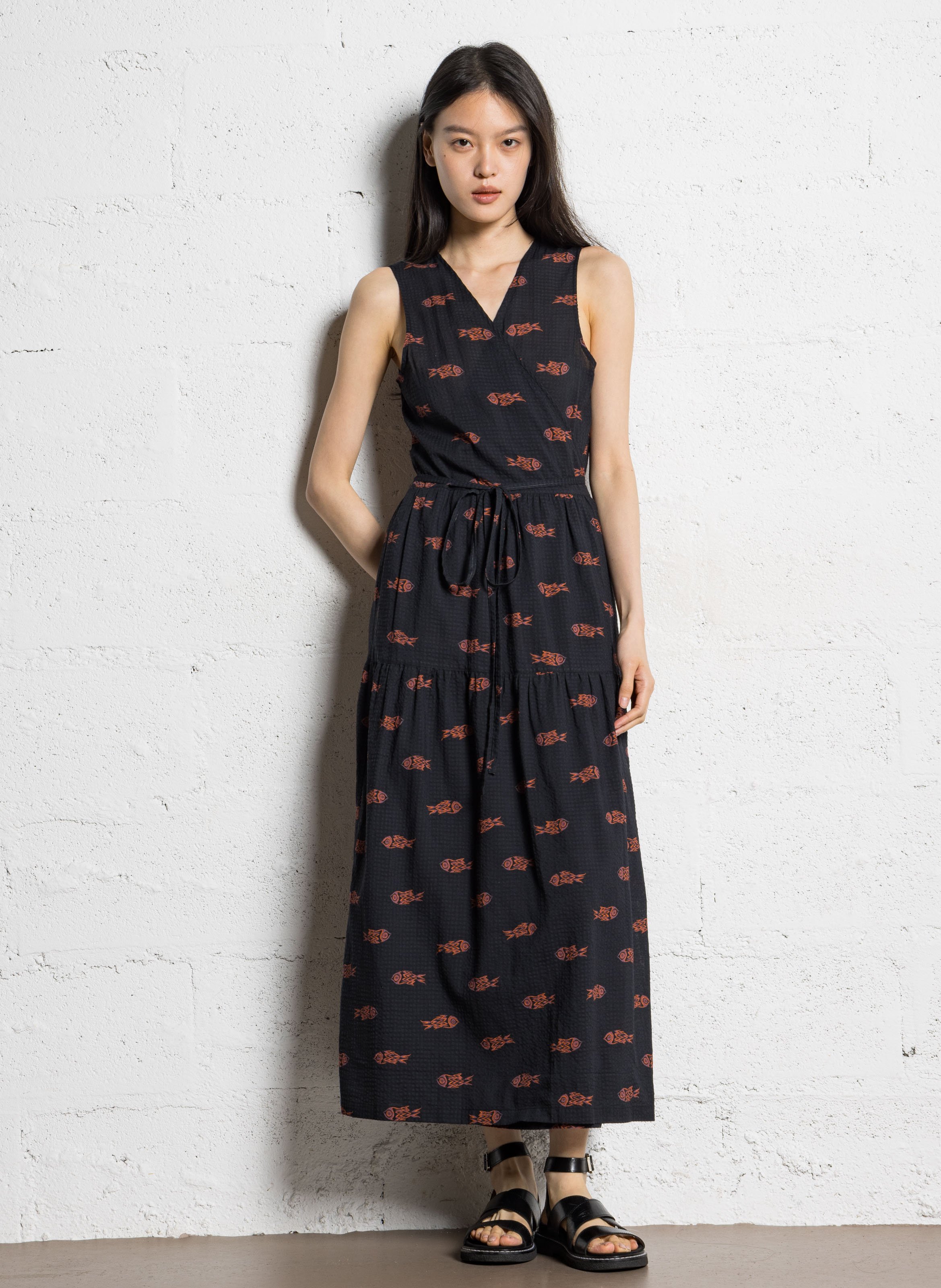 Long cotton-blend V-neck dress NICE THINGS Black