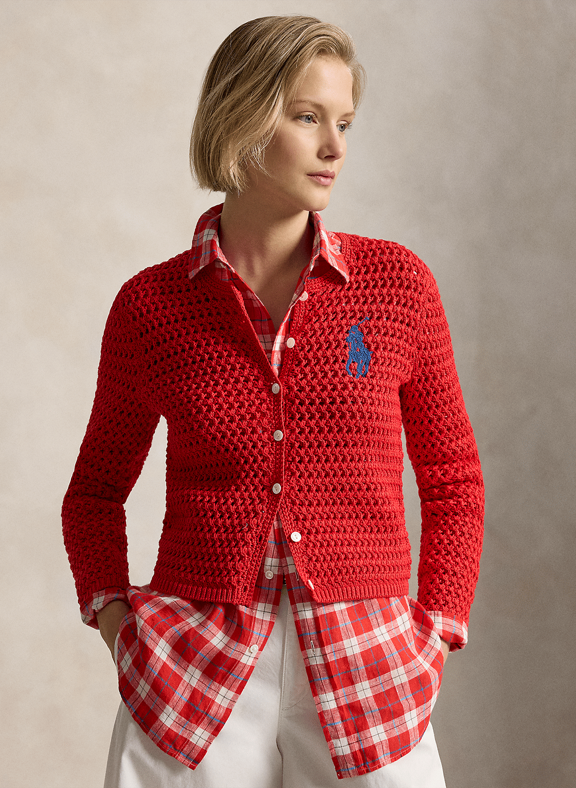 Cárdigan recto cuello redondo bordado en punto. POLO RALPH LAUREN Rojo