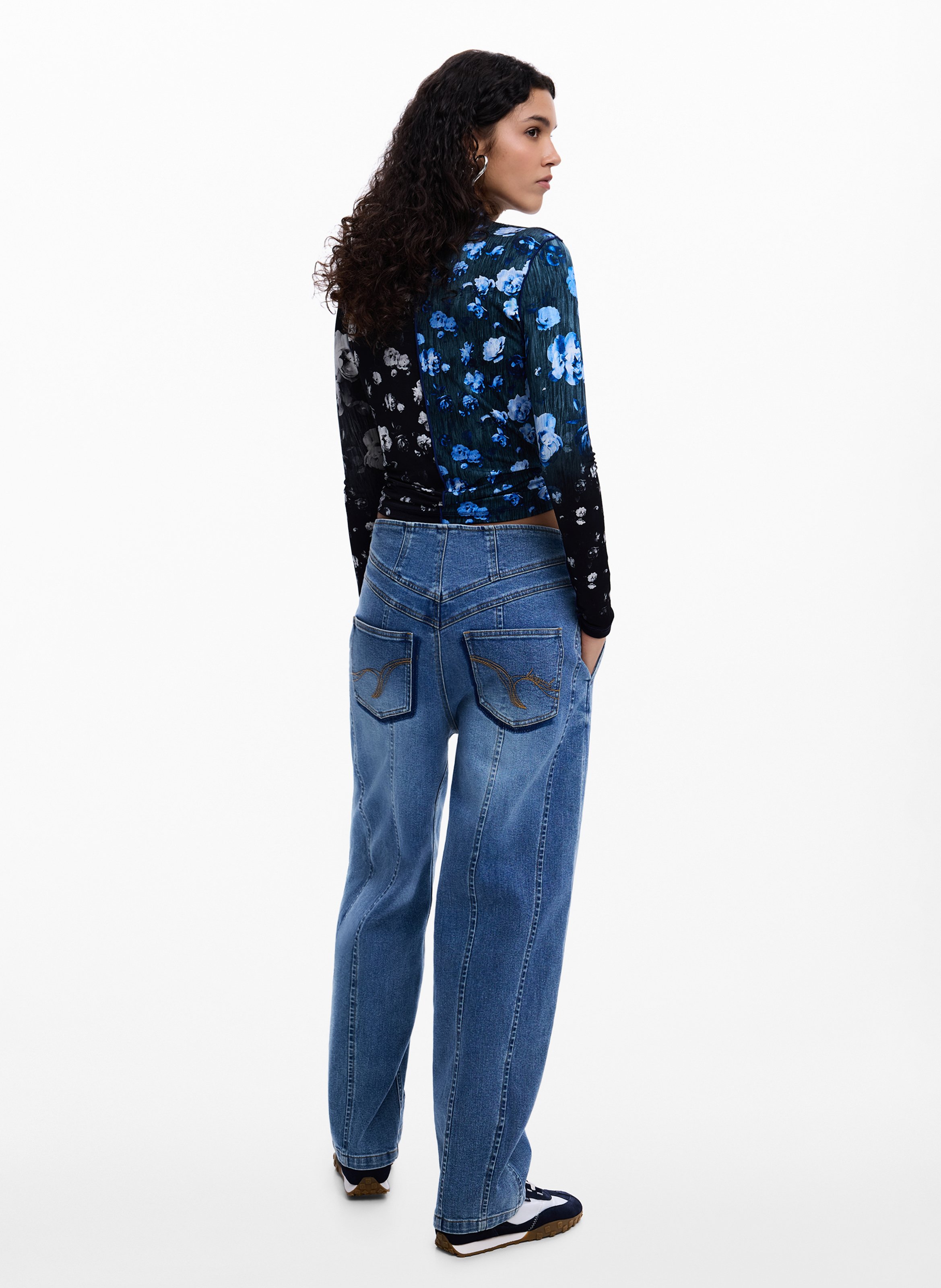 T-shirt met opstaande kraag in twee kleuren met bloemen DESIGUAL Zwart