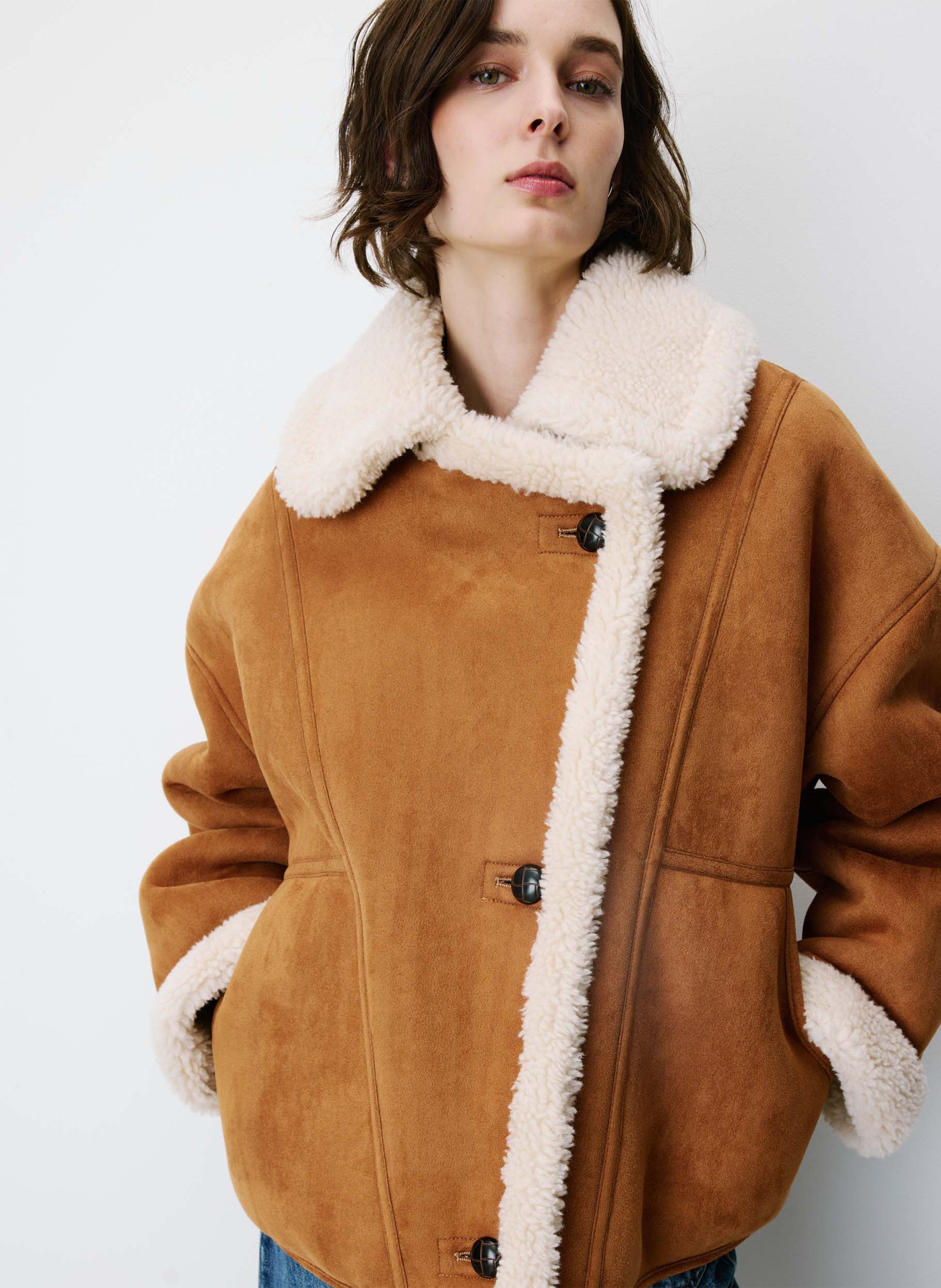 Manteau ample col à fourrure synthétique GRACE ET MILA Marron
