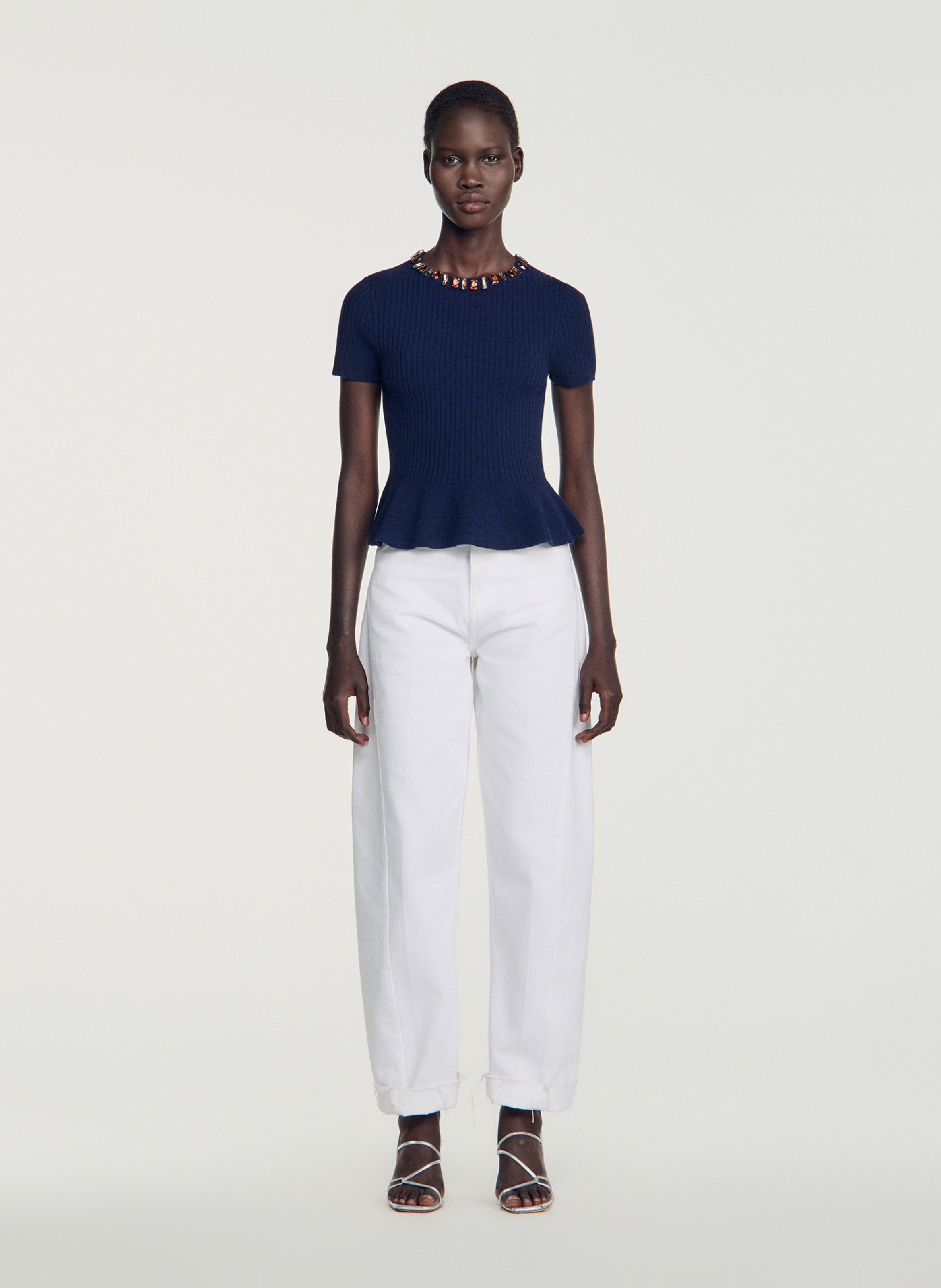 Top droit col rond en laine mélangée SANDRO Bleu