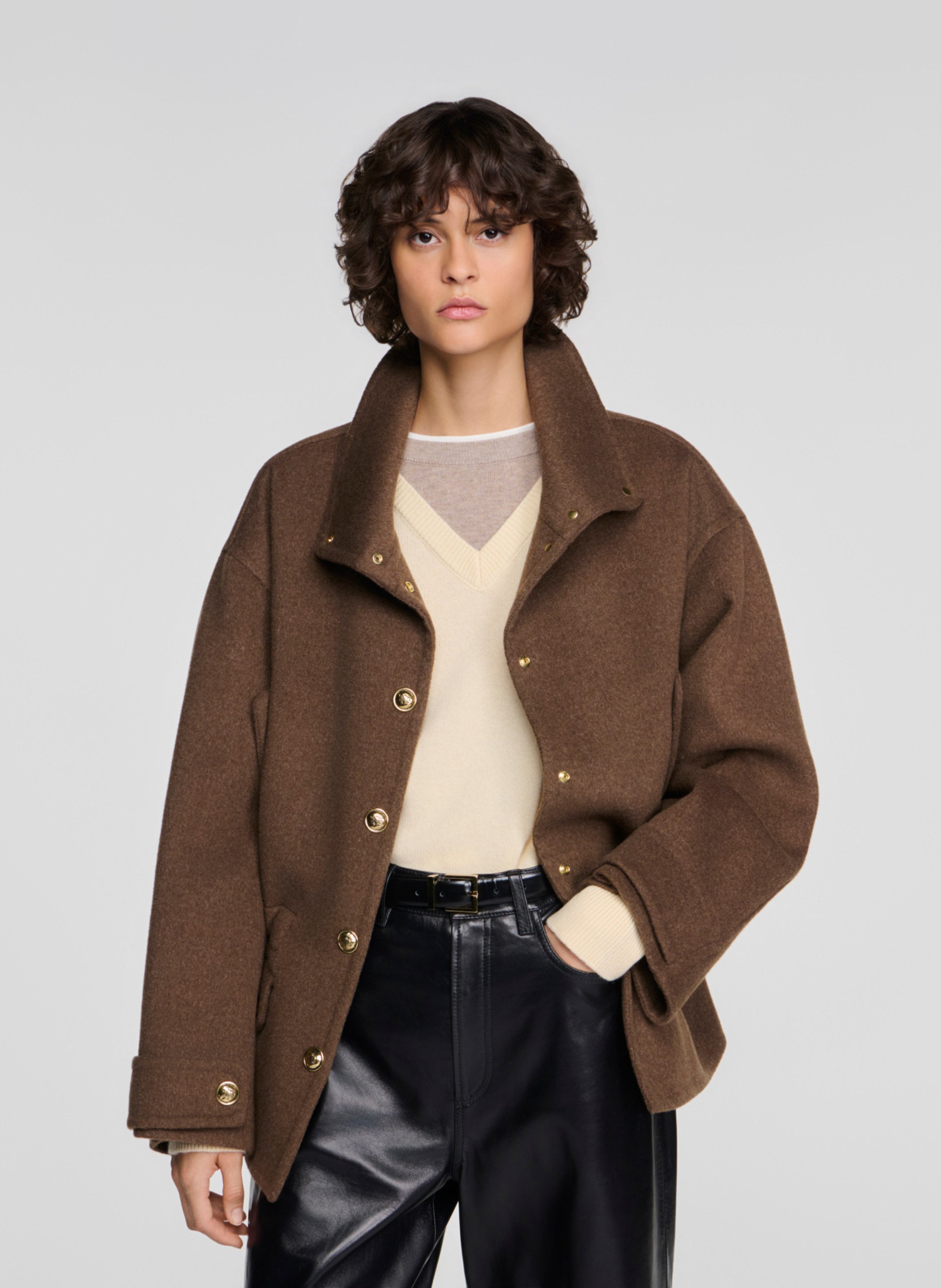 Manteau ample col montant en laine mélangée SANDRO Kaki