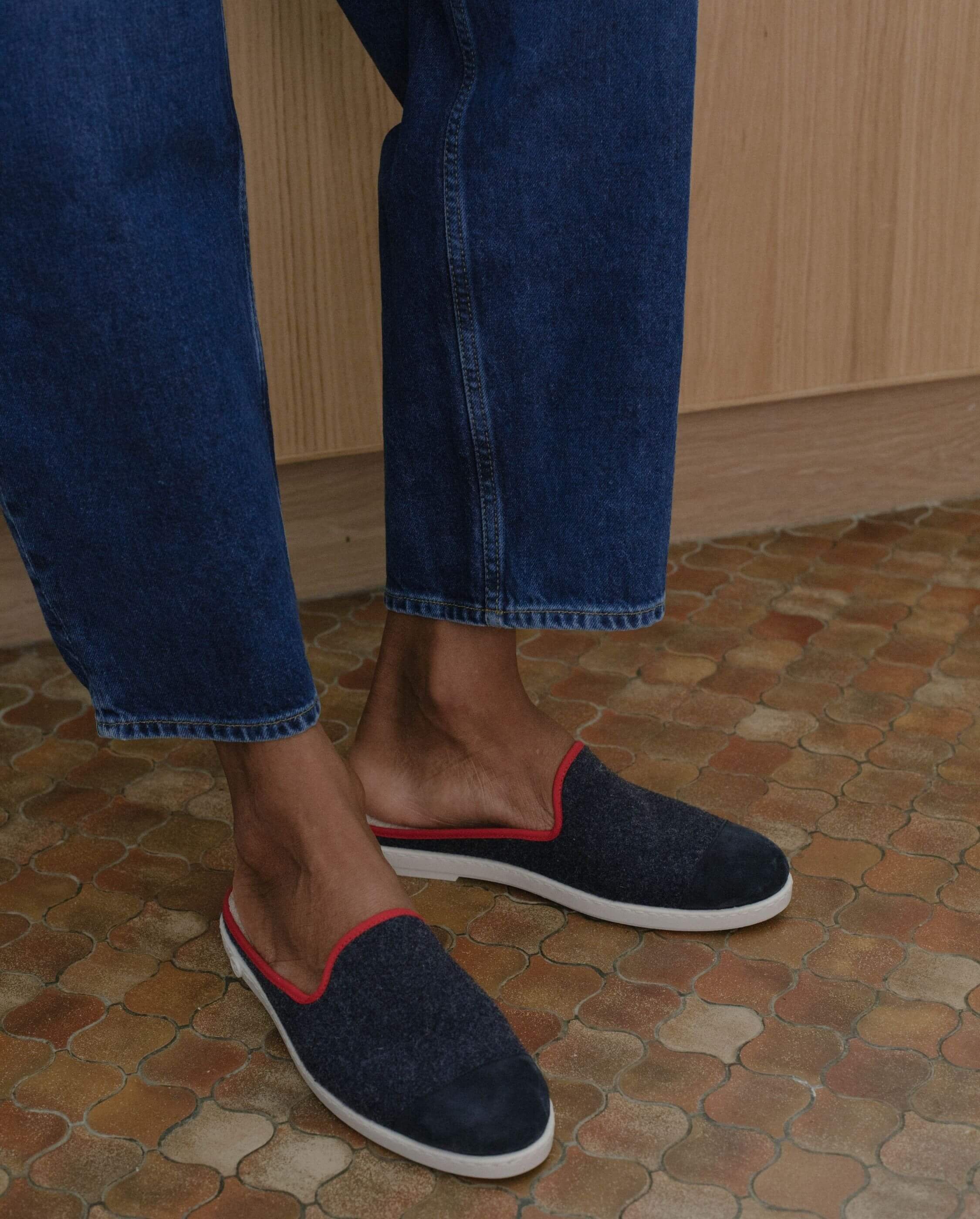 Mule homme laine, marine rouge ANGARDE Bleu