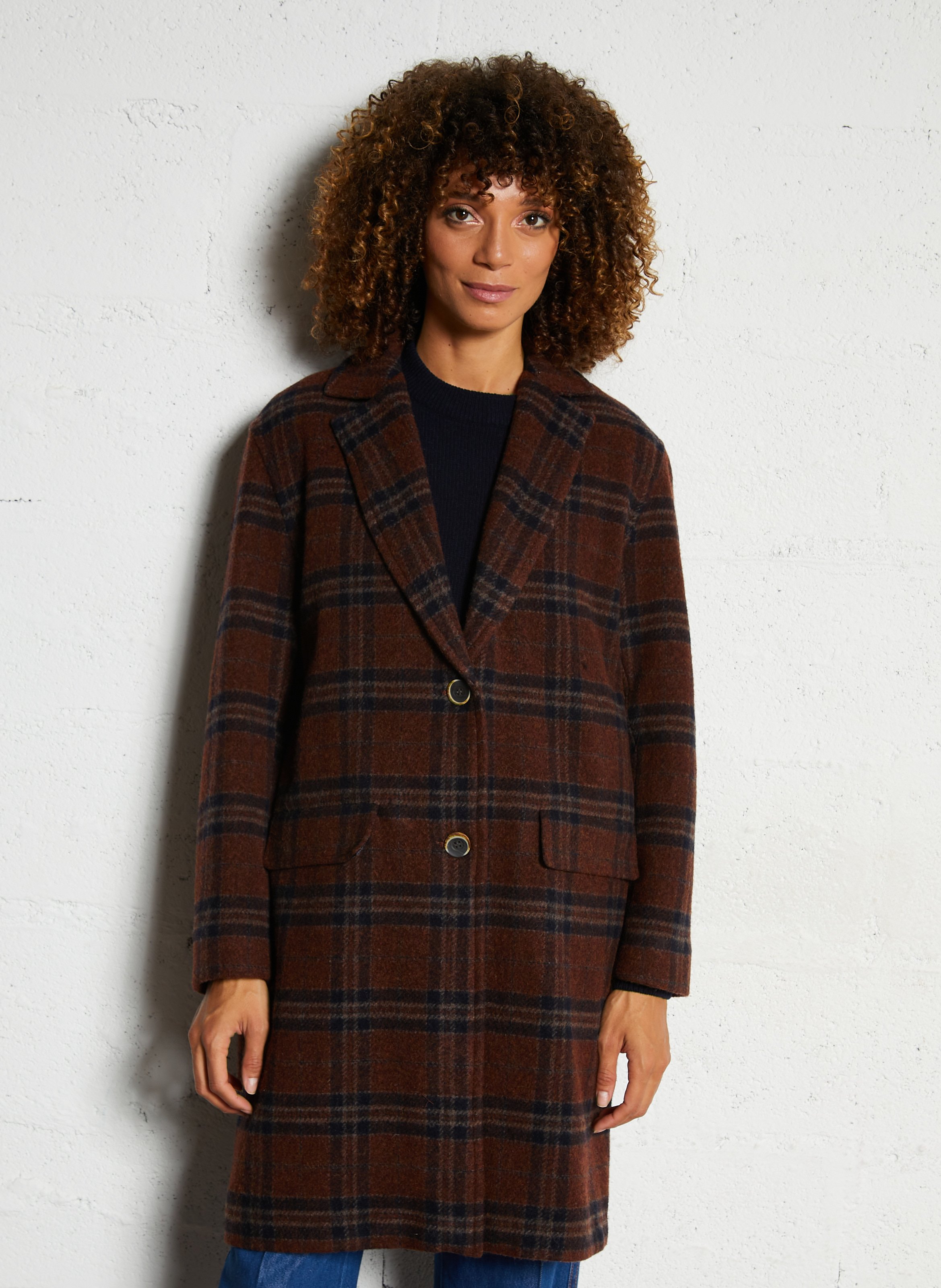 Manteau long col tailleur à carreaux en laine mélangée DIEGA Rouge
