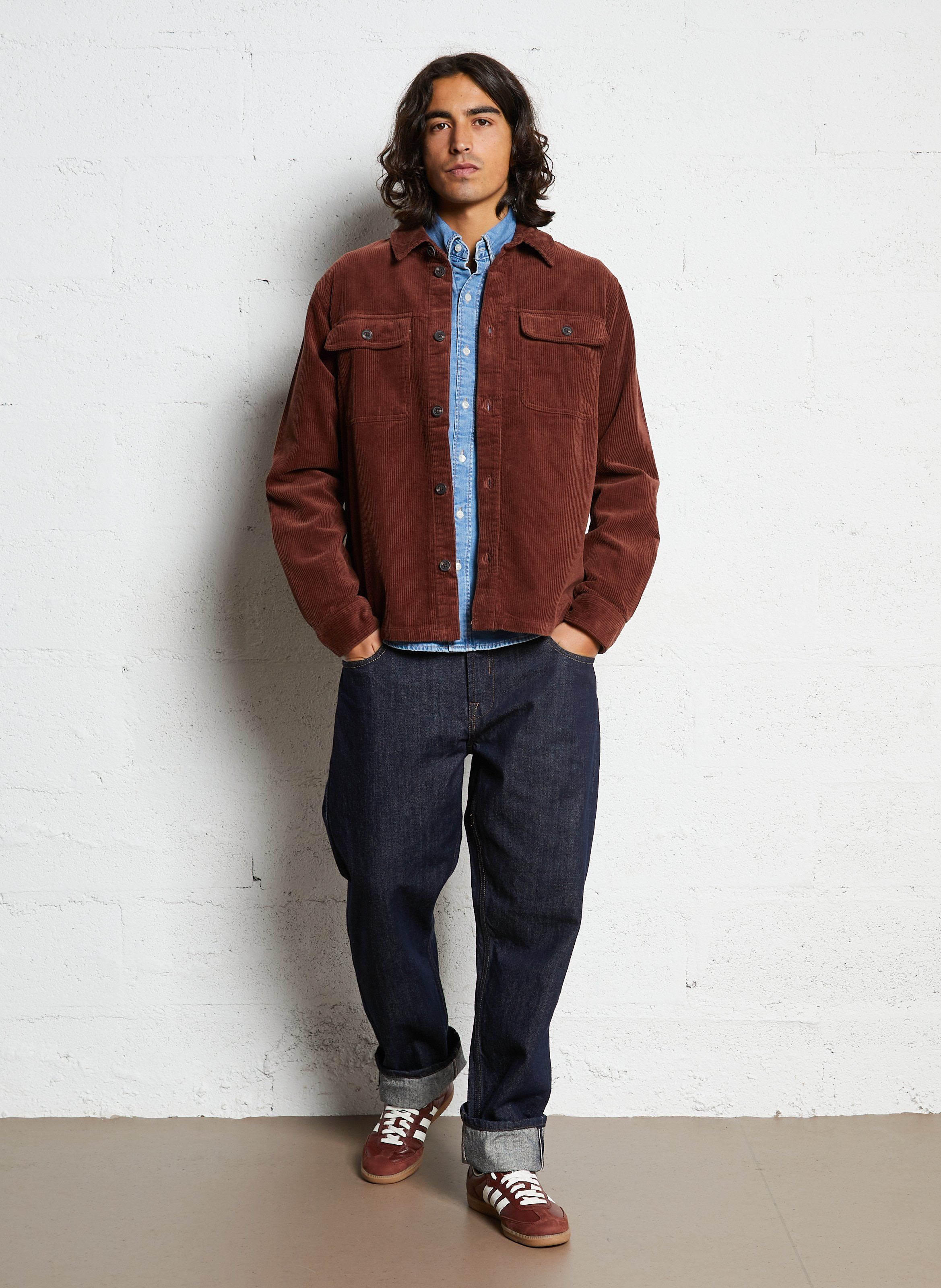 Straight cotton overshirt with classic collar SOLID Brown