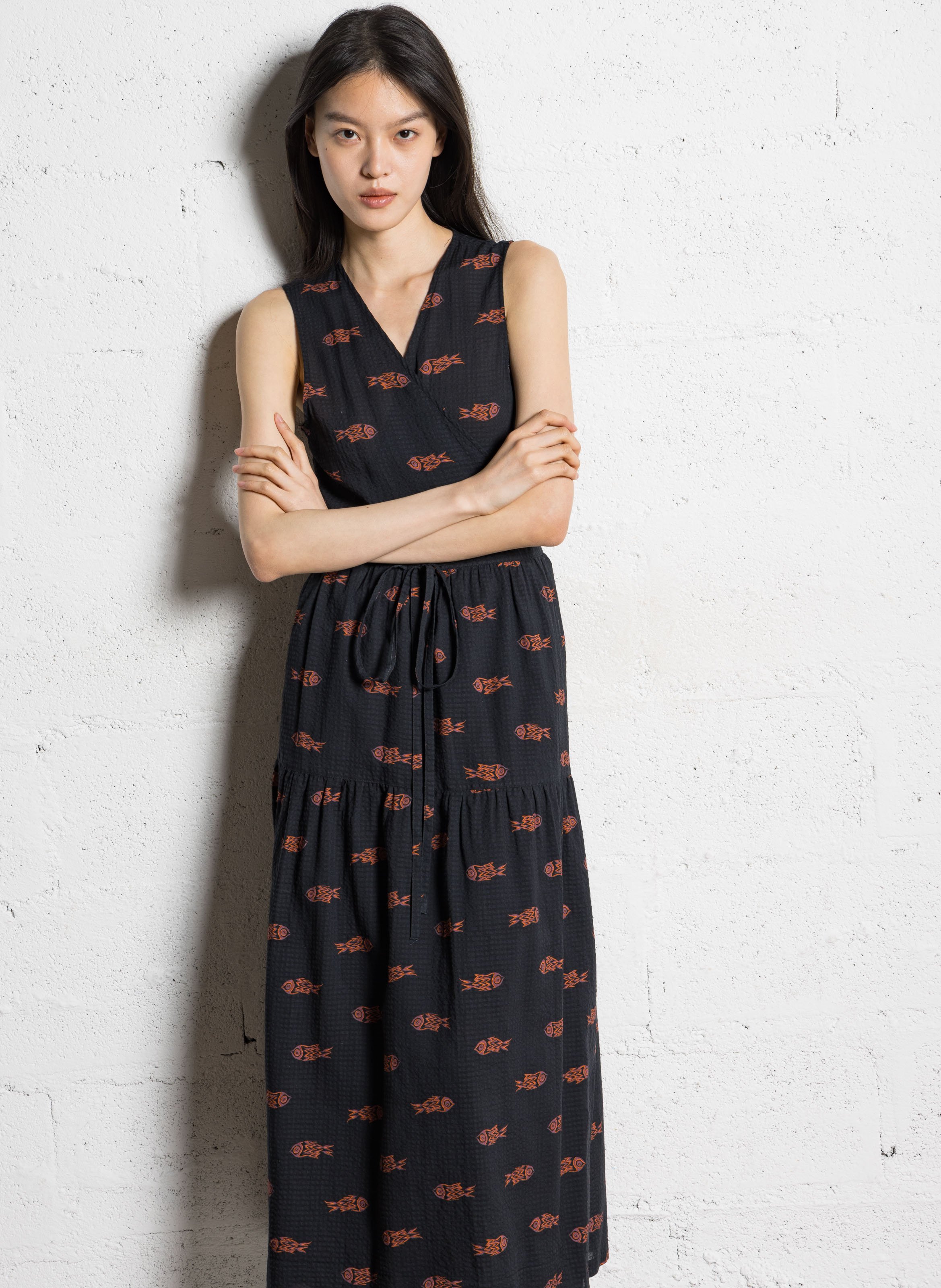 Long cotton-blend V-neck dress NICE THINGS Black