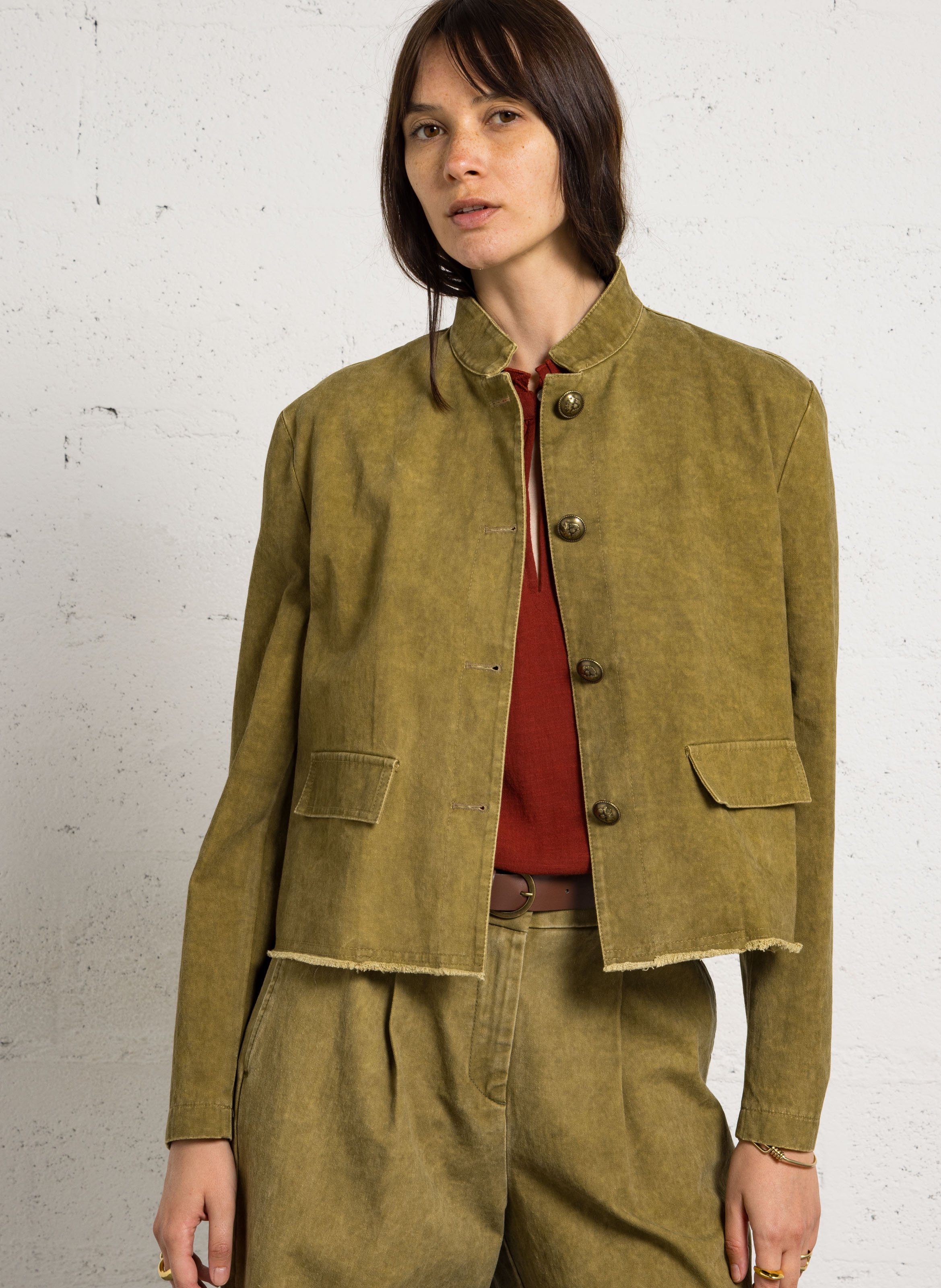 Cotton Mao Collar Jacket PLEASE Khaki
