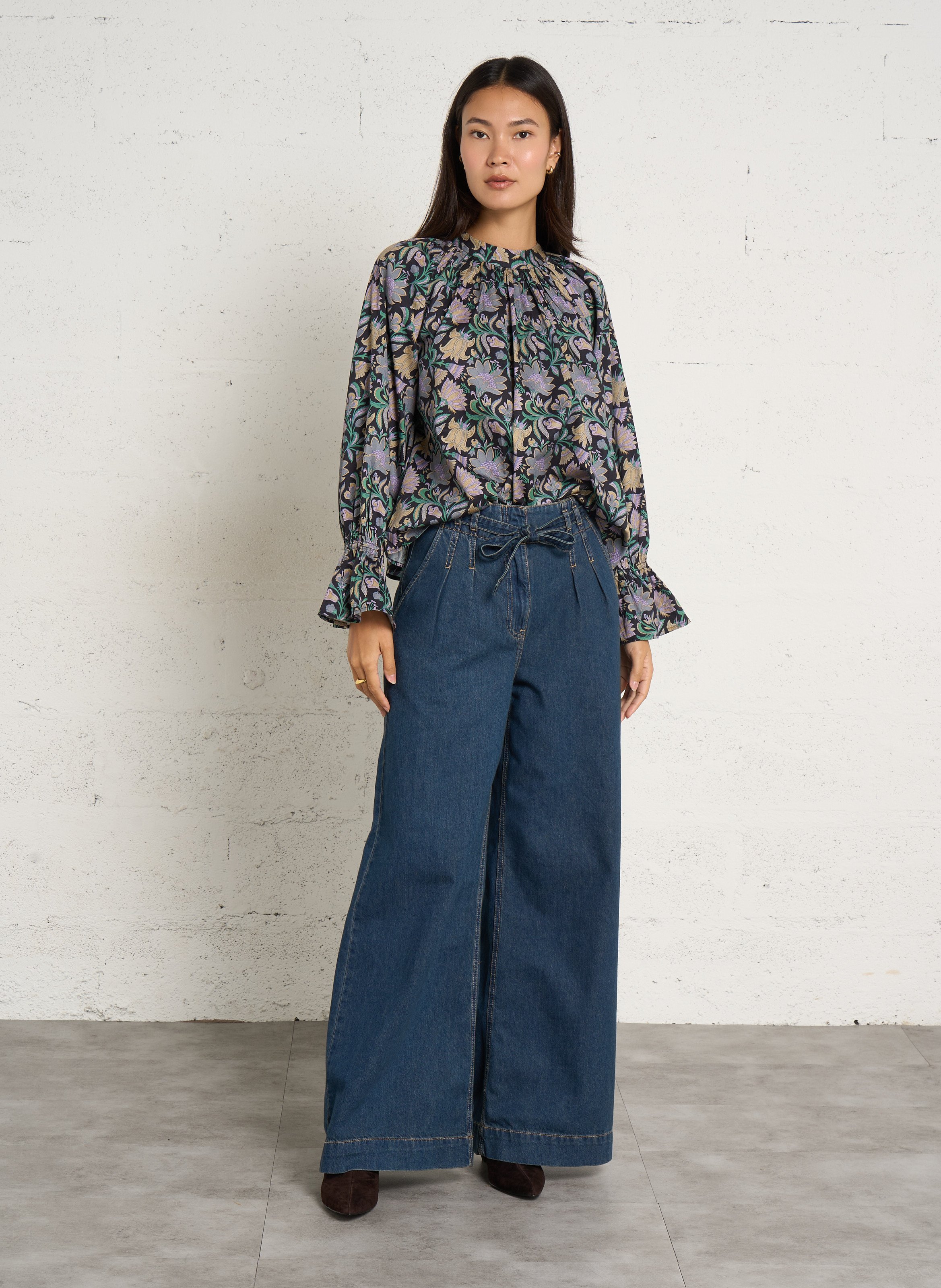 Blouse ample motif fleur en coton PETITE MENDIGOTE Noir