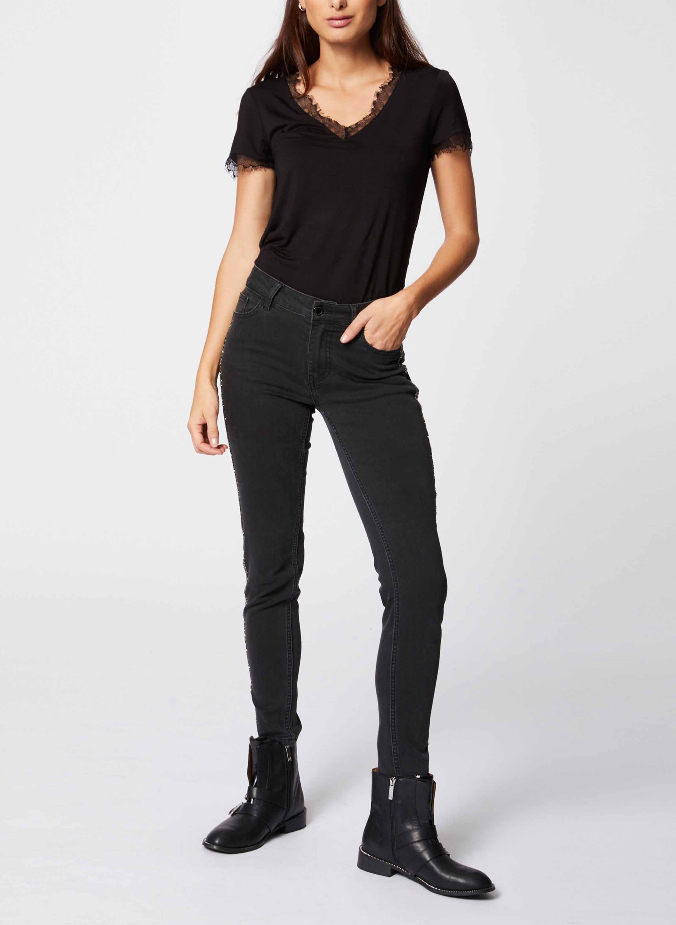 T-Shirt mit V-Ausschnitt und Spitzeneinsätzen MORGAN Schwarz