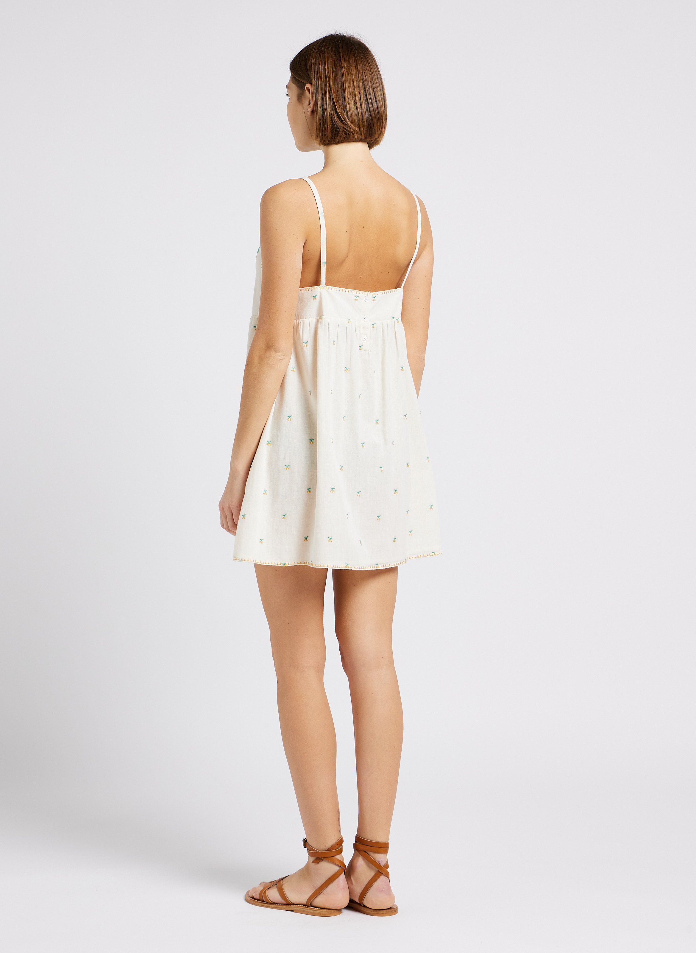 Short straight embroidered cotton dress with round neckline EMILE ET IDA White