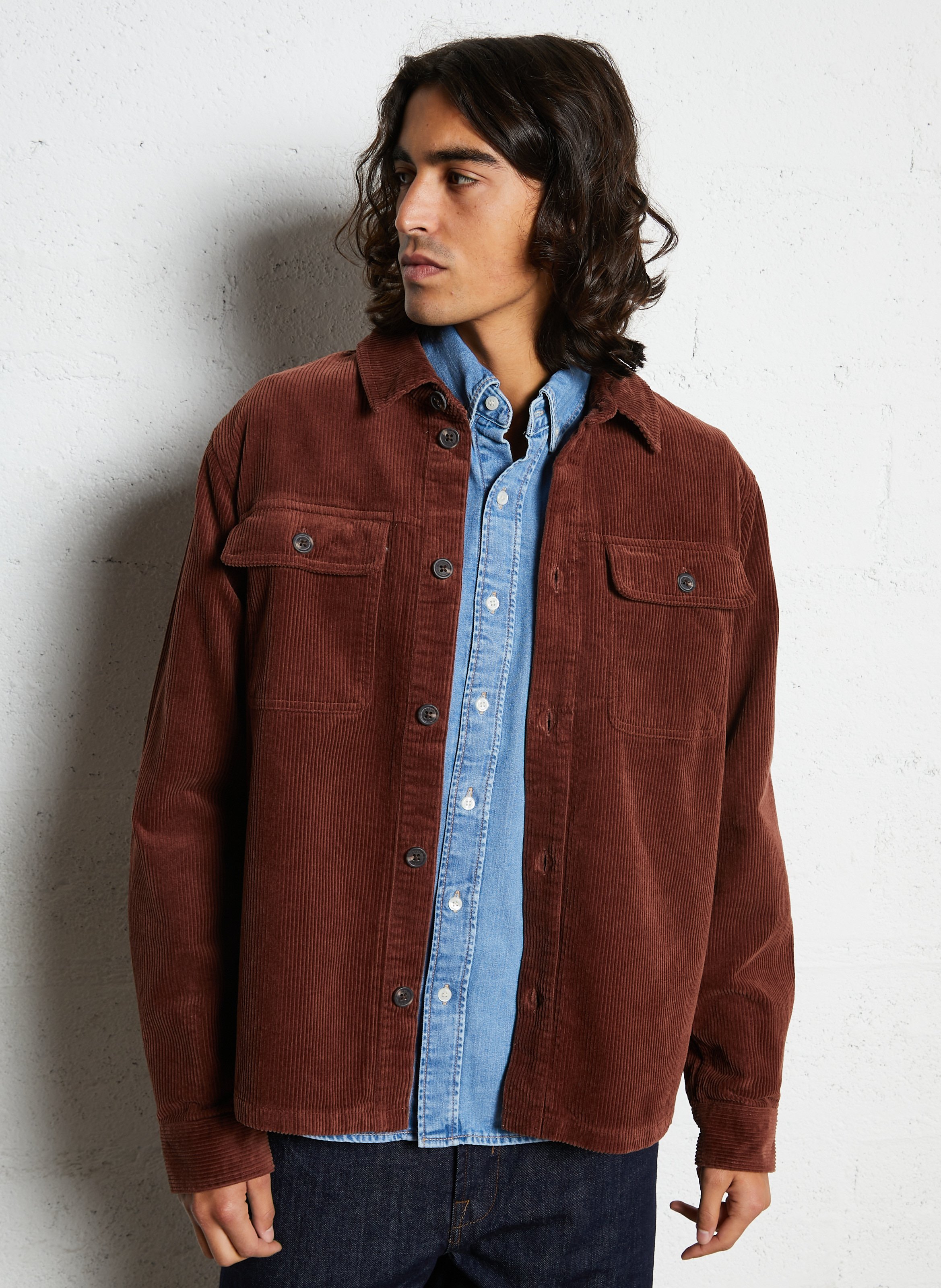 Straight cotton overshirt with classic collar SOLID Brown