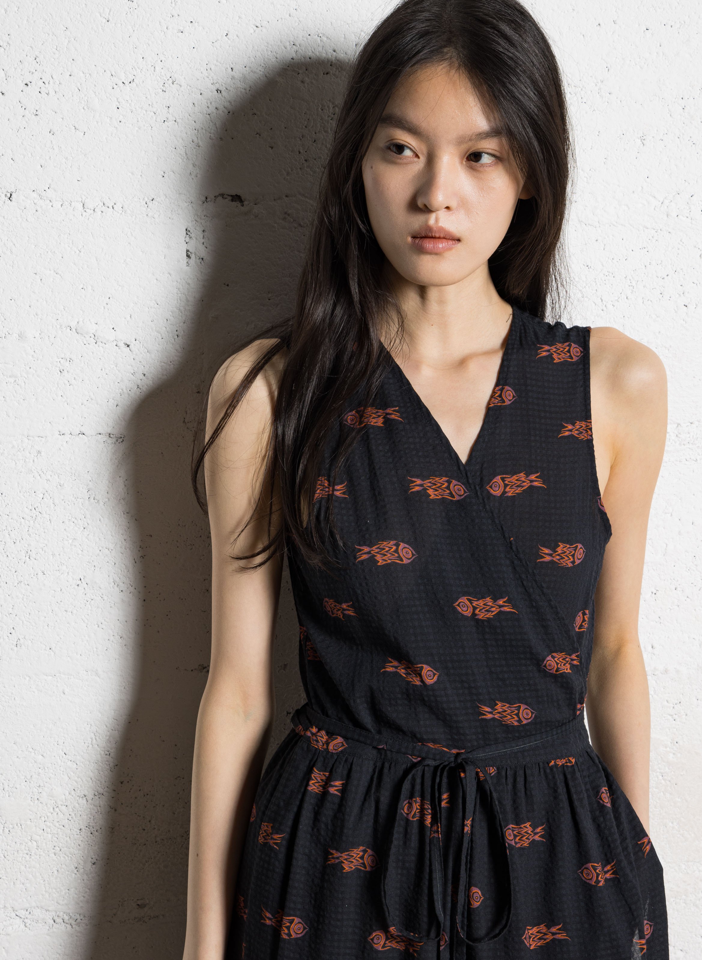 Long cotton-blend V-neck dress NICE THINGS Black