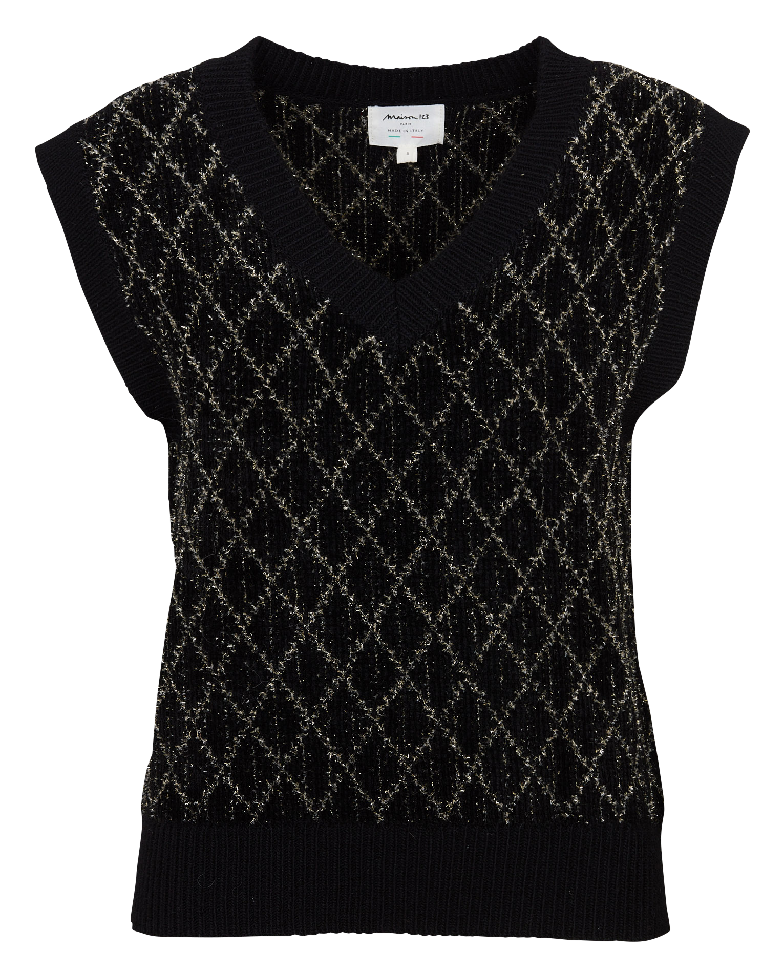 Pull droit col V en maille jacquard MAISON 123 Noir