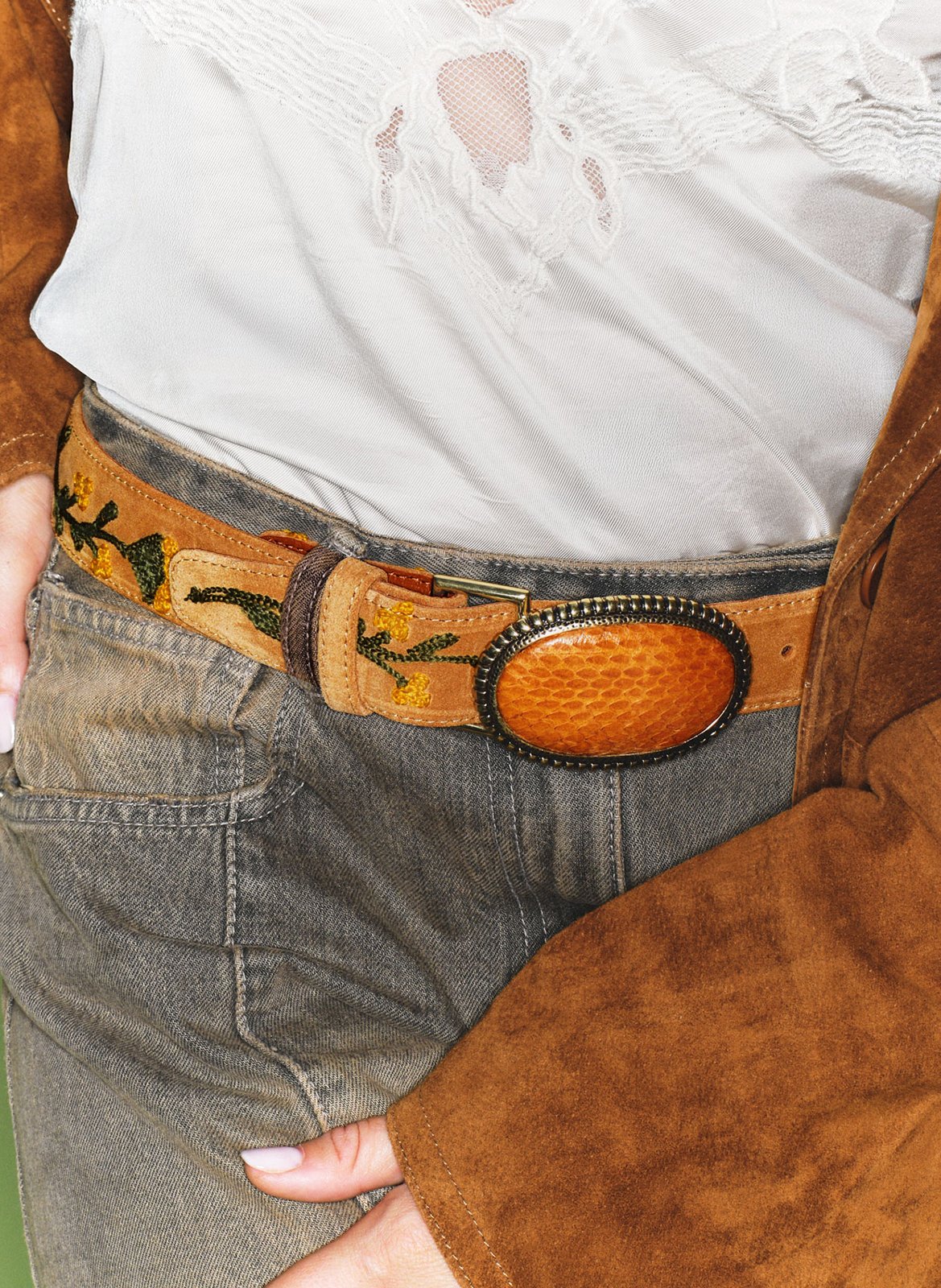 Geborduurde suède leren riem CLARIS VIROT Bruin