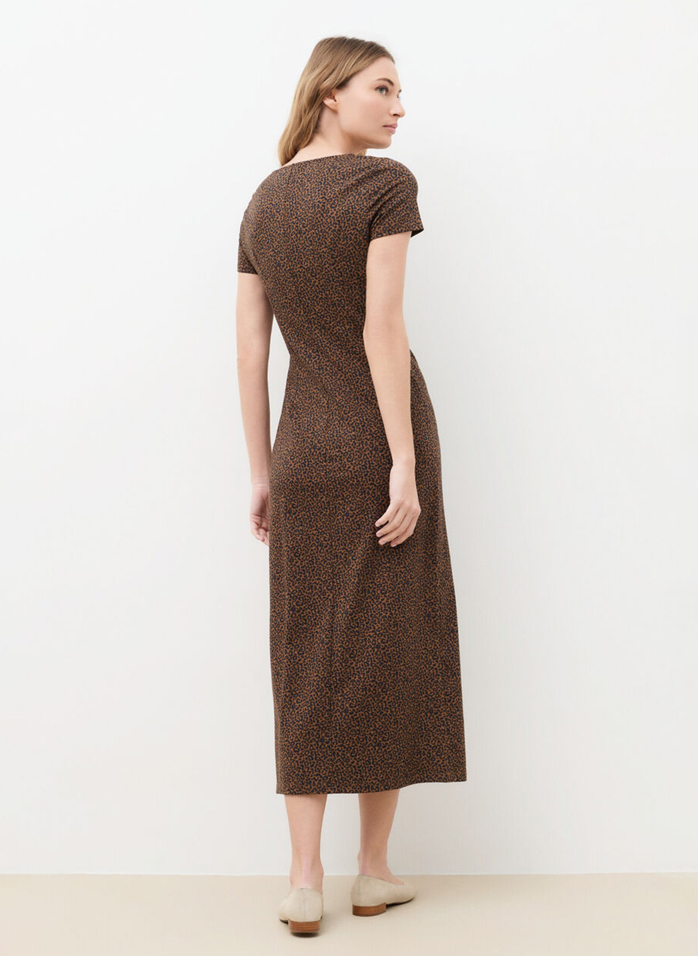Long cotton-blend V-neck dress CAROLL Brown