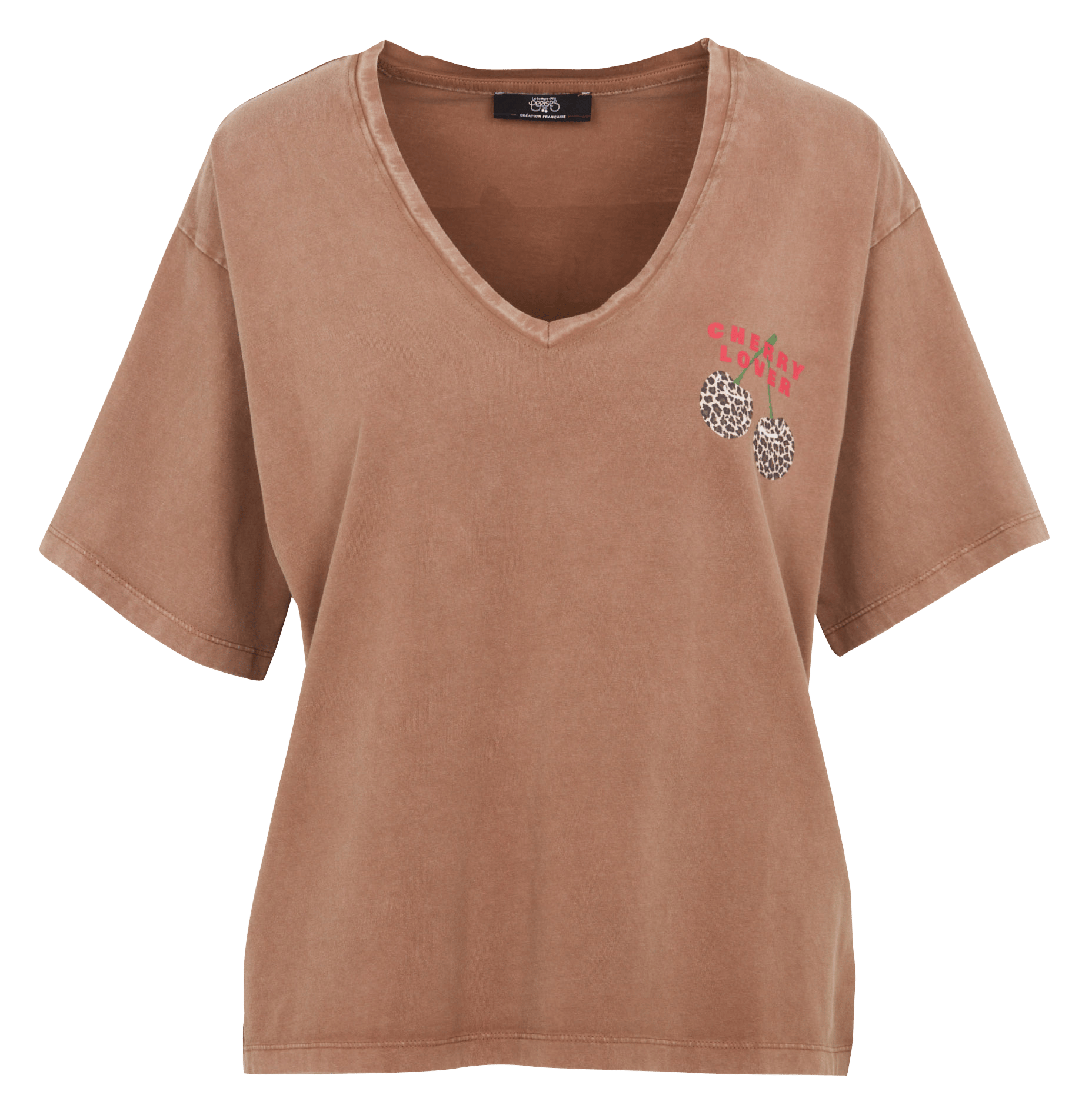 Tee-shirt ample col V sérigraphié en coton LE TEMPS DES CERISES Marron
