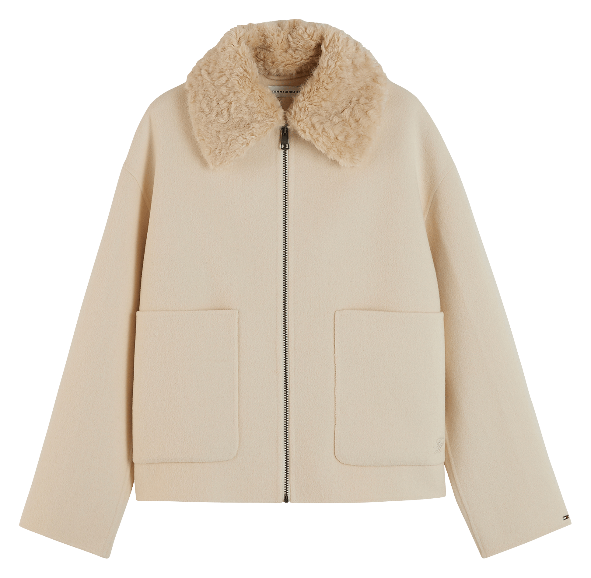 Straight zippered coat with fur collar TOMMY HILFIGER Beige