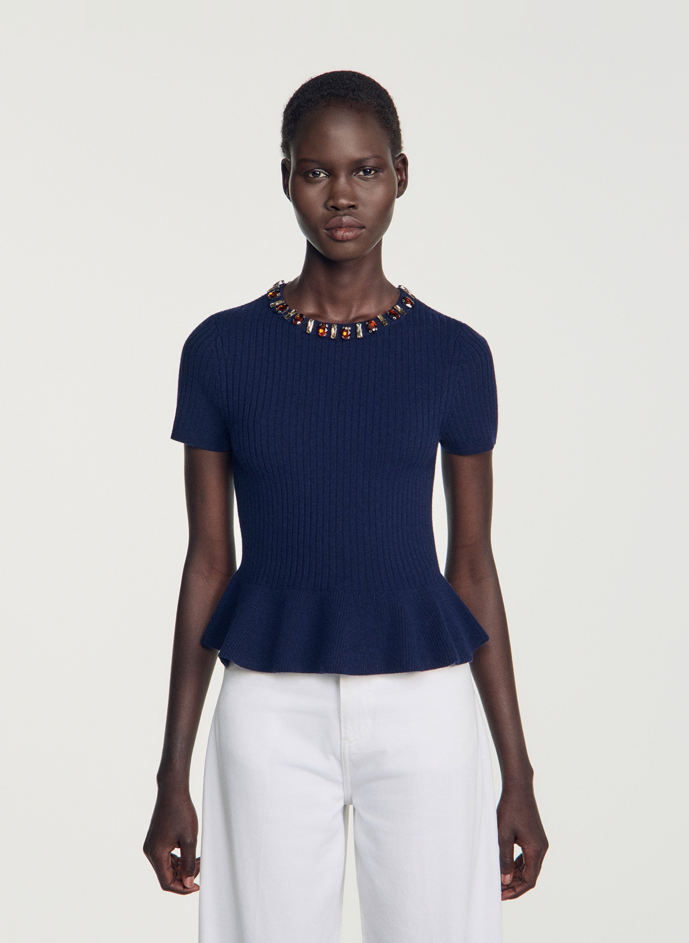 Top droit col rond en laine mélangée SANDRO Bleu