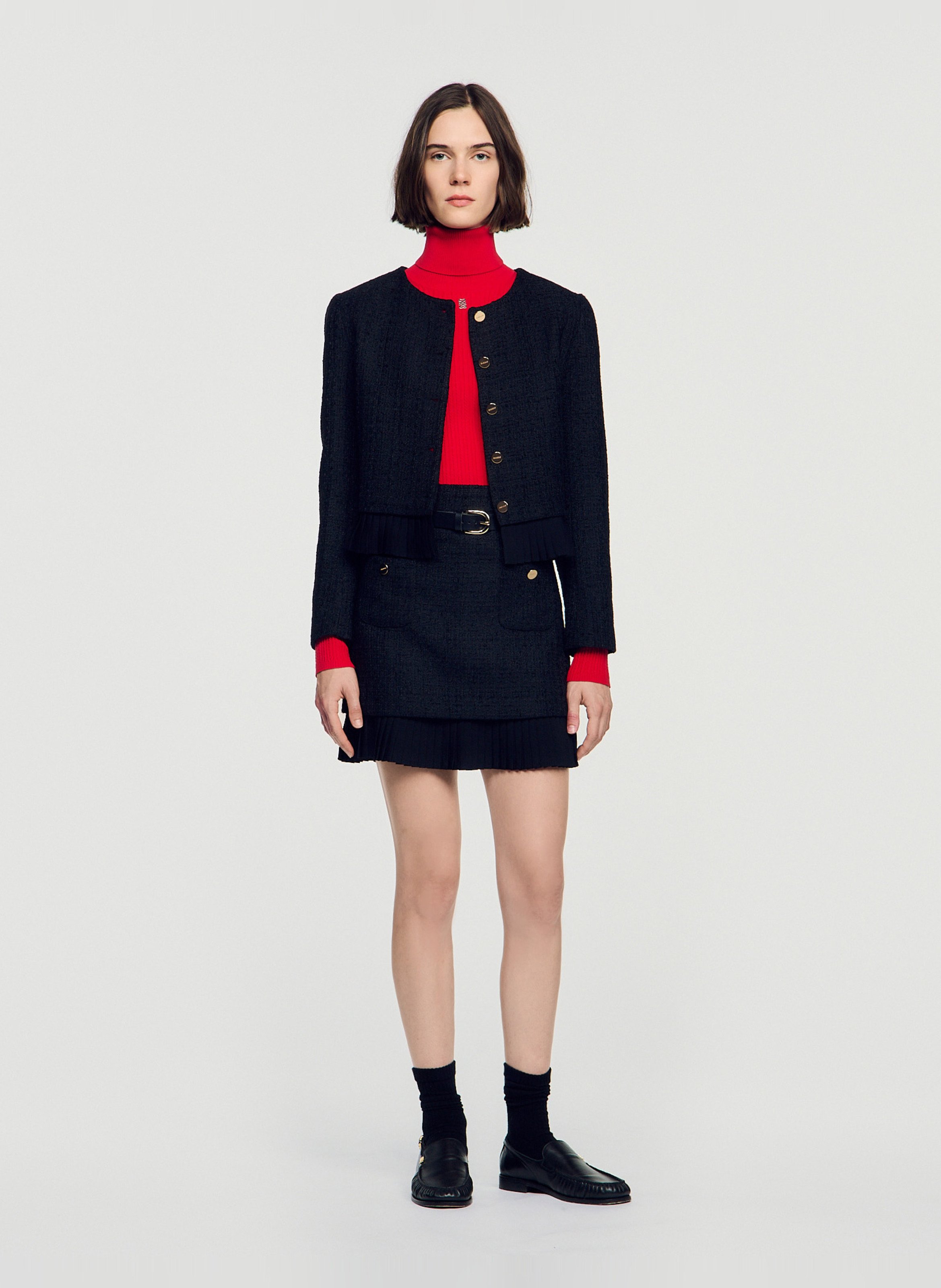Jupe courte évasée en tweed SANDRO Noir