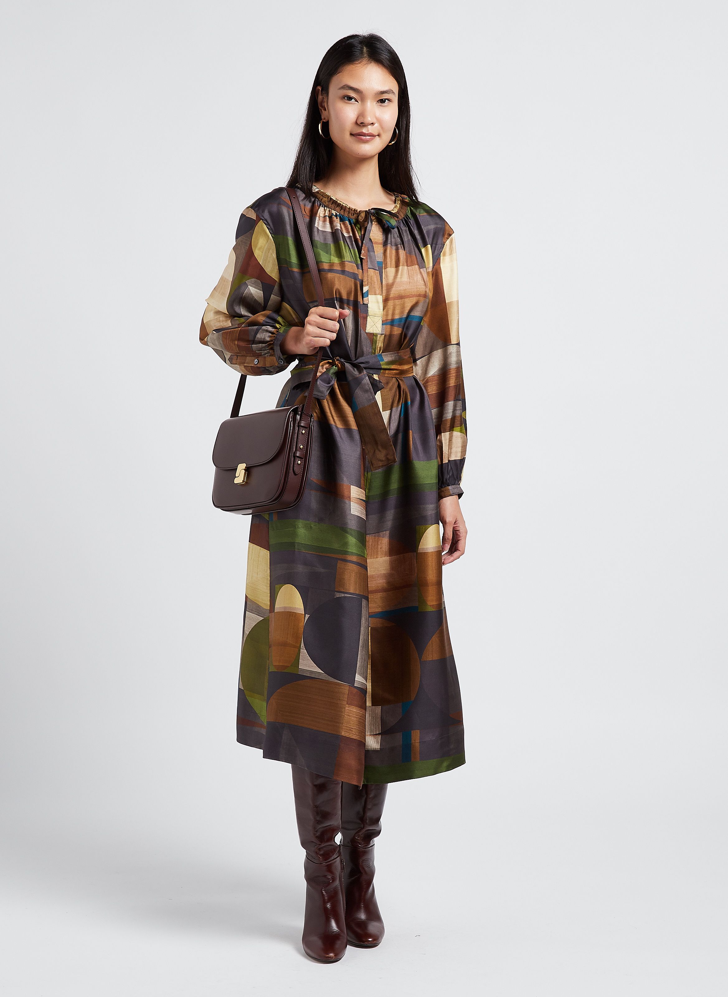 Multicolored Long printed silk henley dress