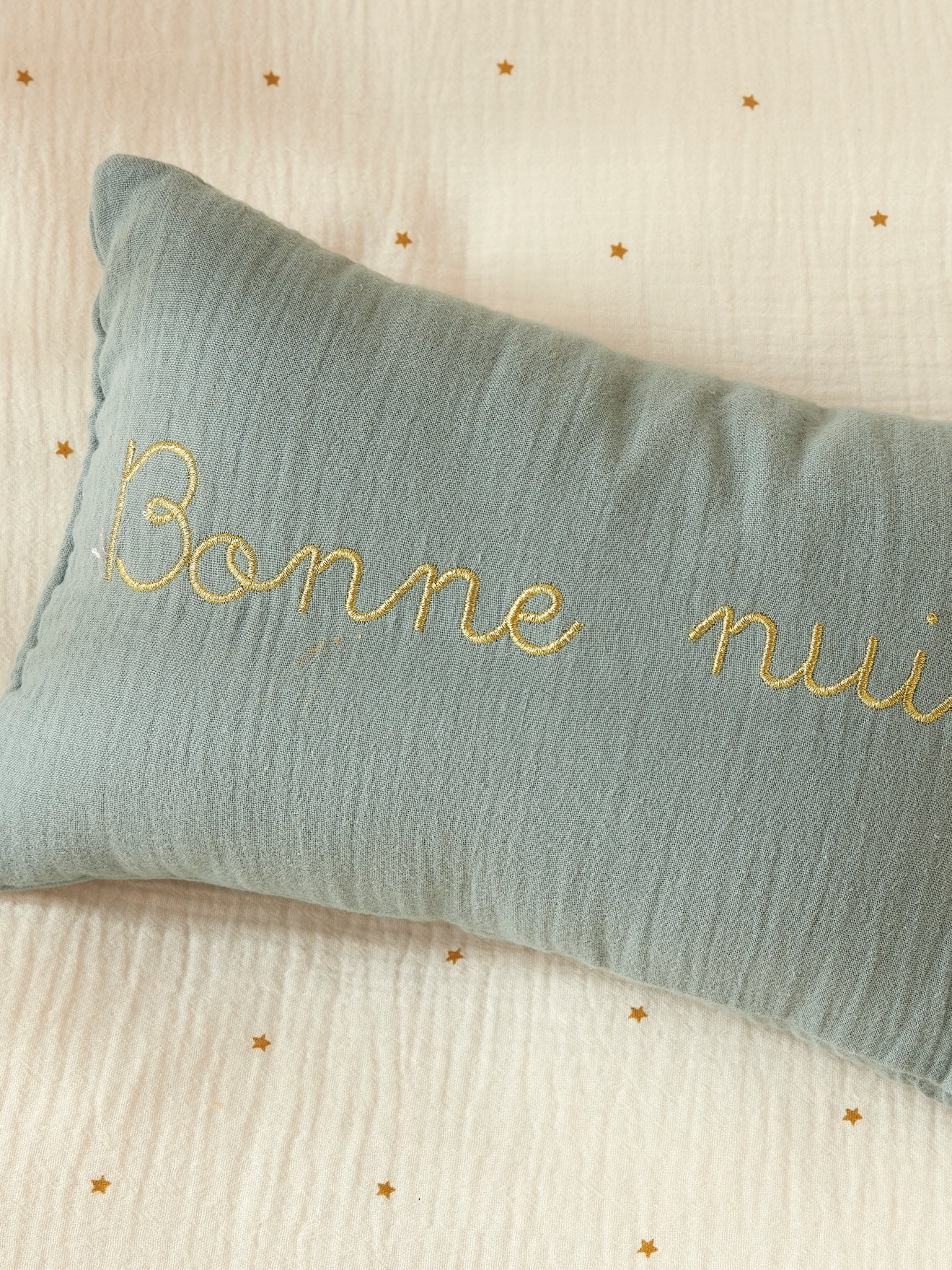 Small gold-embroidered cotton gauze cushion CYRILLUS Green