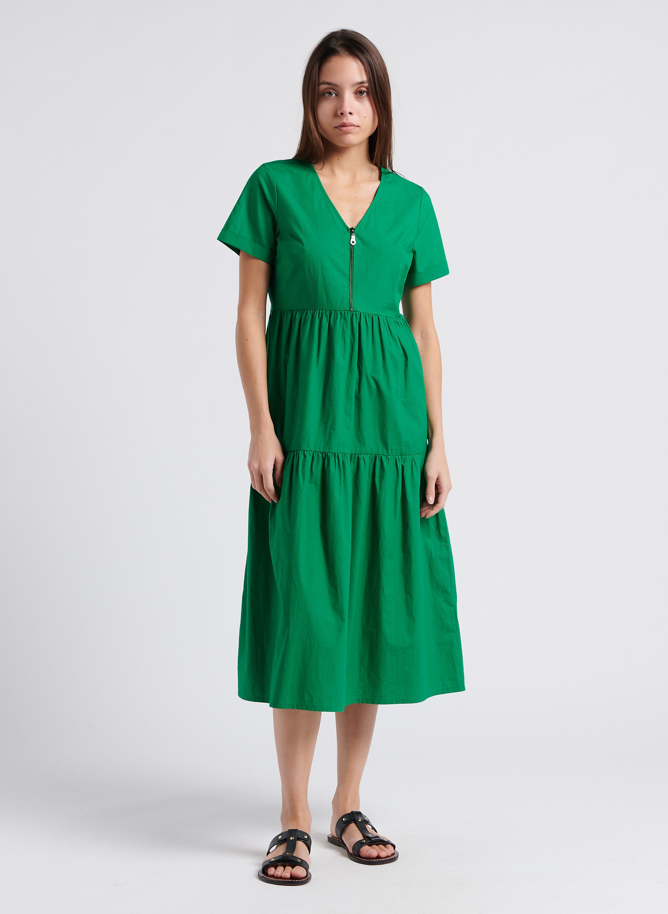 Robe longue vas e col V en coton Vert