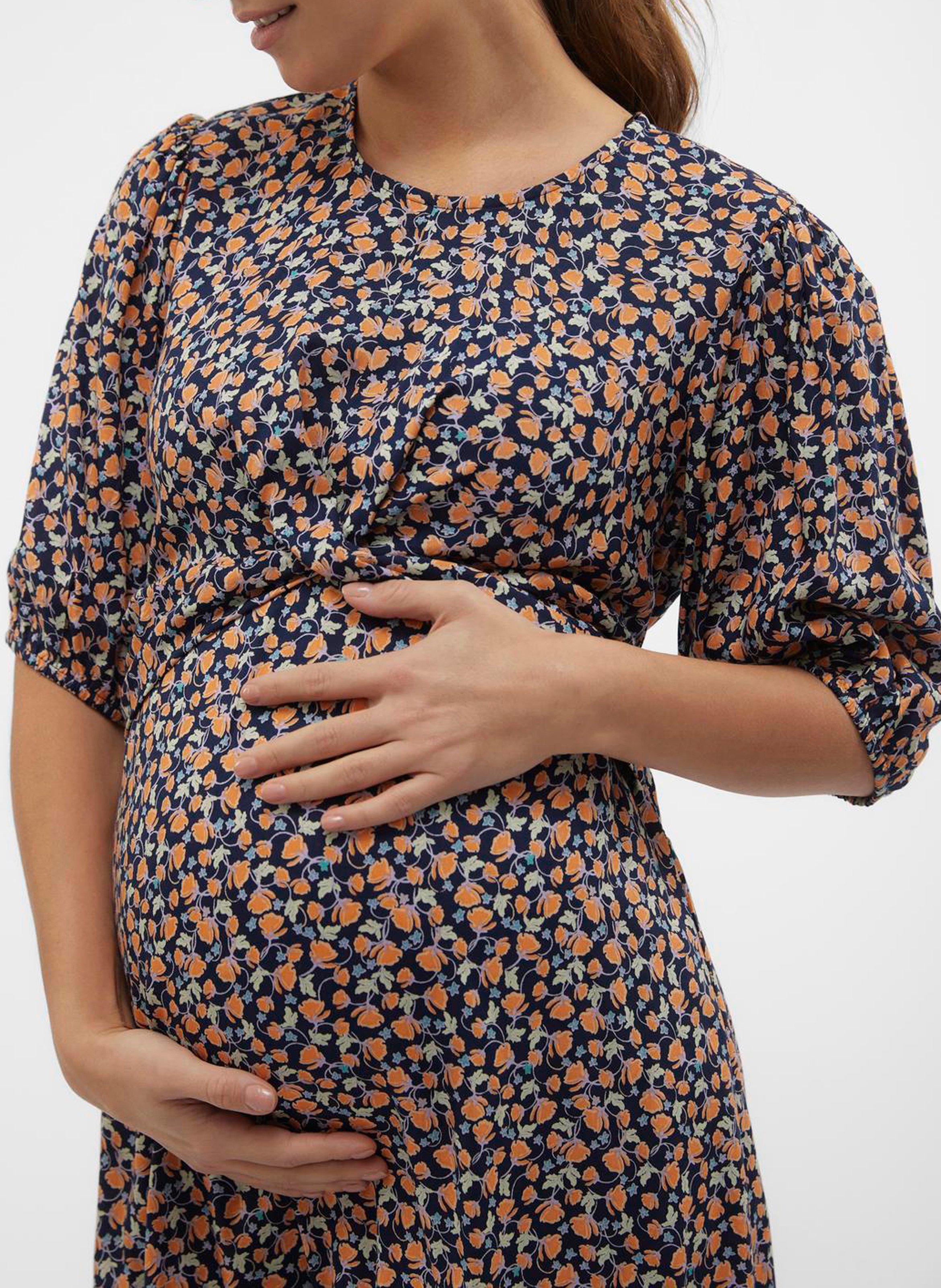 Straight-cut printed midi dress with round neck MAMALICIOUS Blue