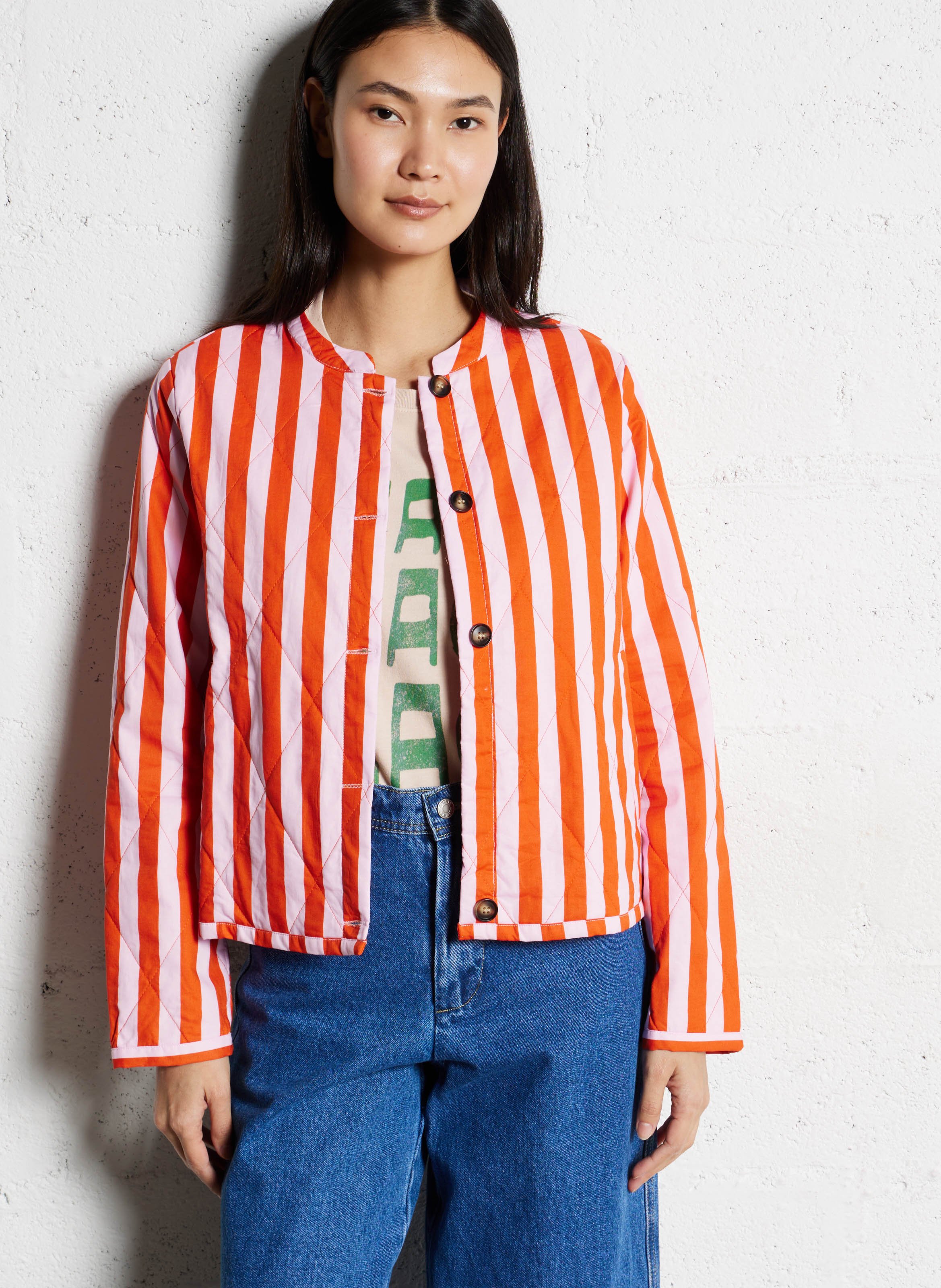 Veste col rond à rayures en coton LOLLYS LAUNDRY Rouge