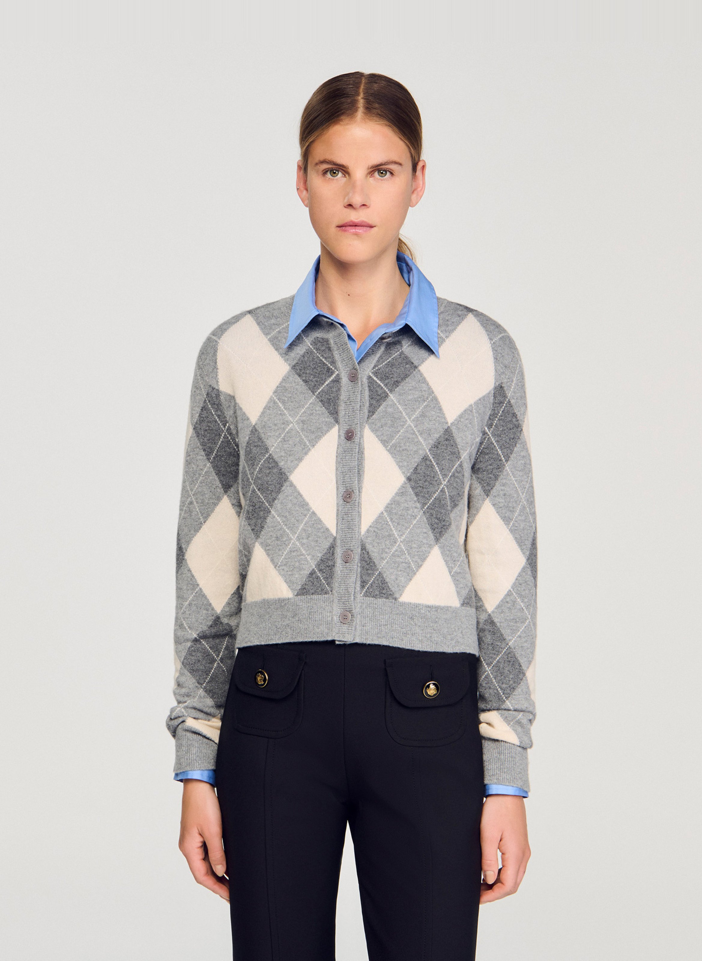 Cardigan court imprimé en laine mélangée SANDRO Gris