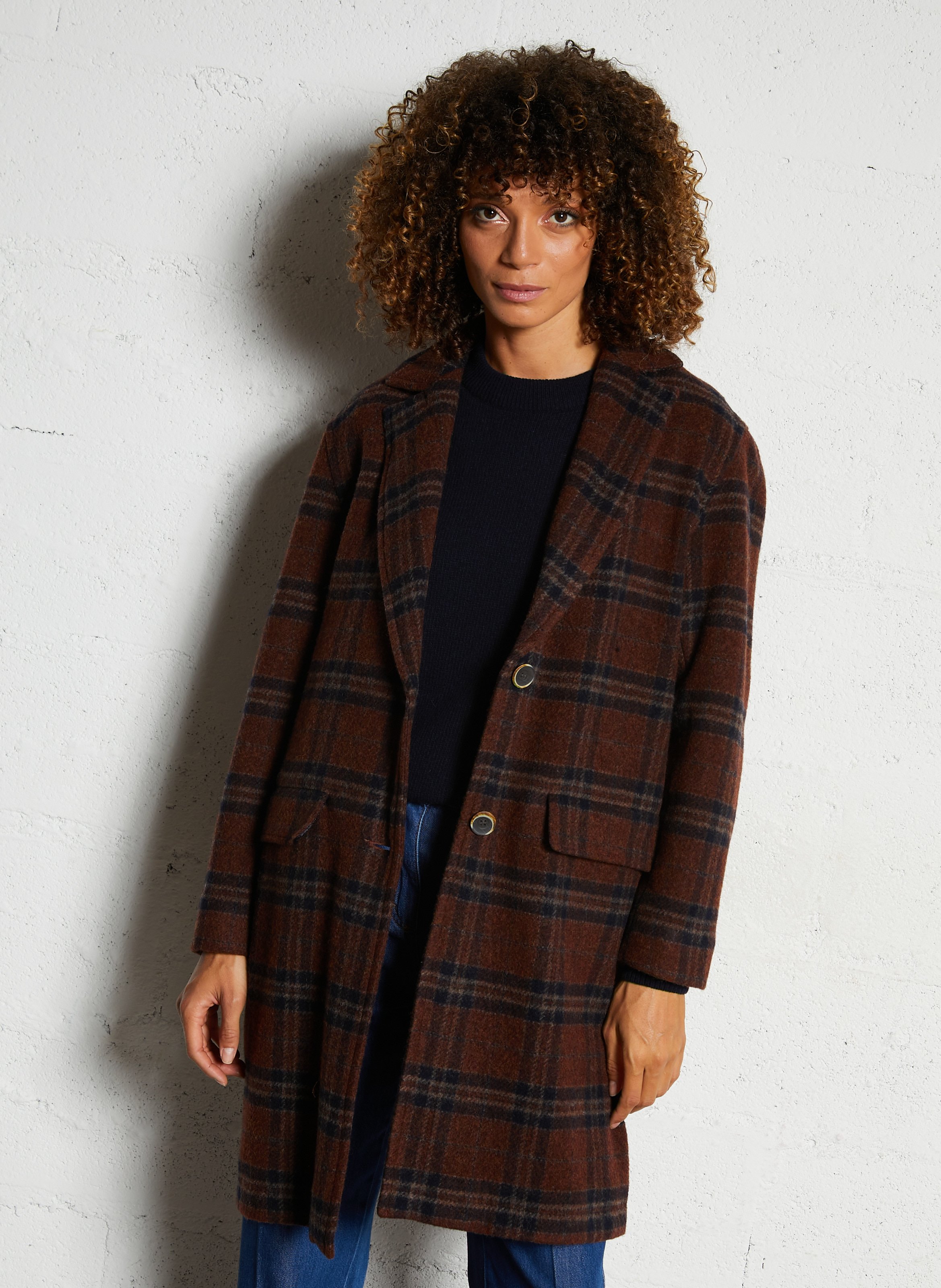 Manteau long col tailleur à carreaux en laine mélangée DIEGA Rouge
