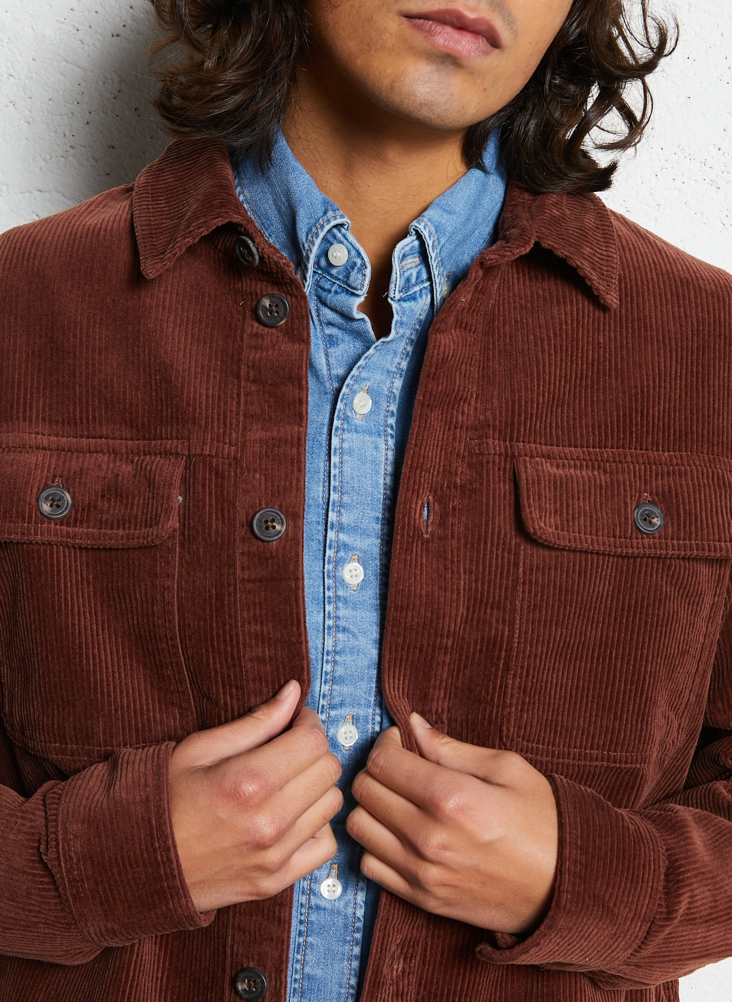 Straight cotton overshirt with classic collar SOLID Brown