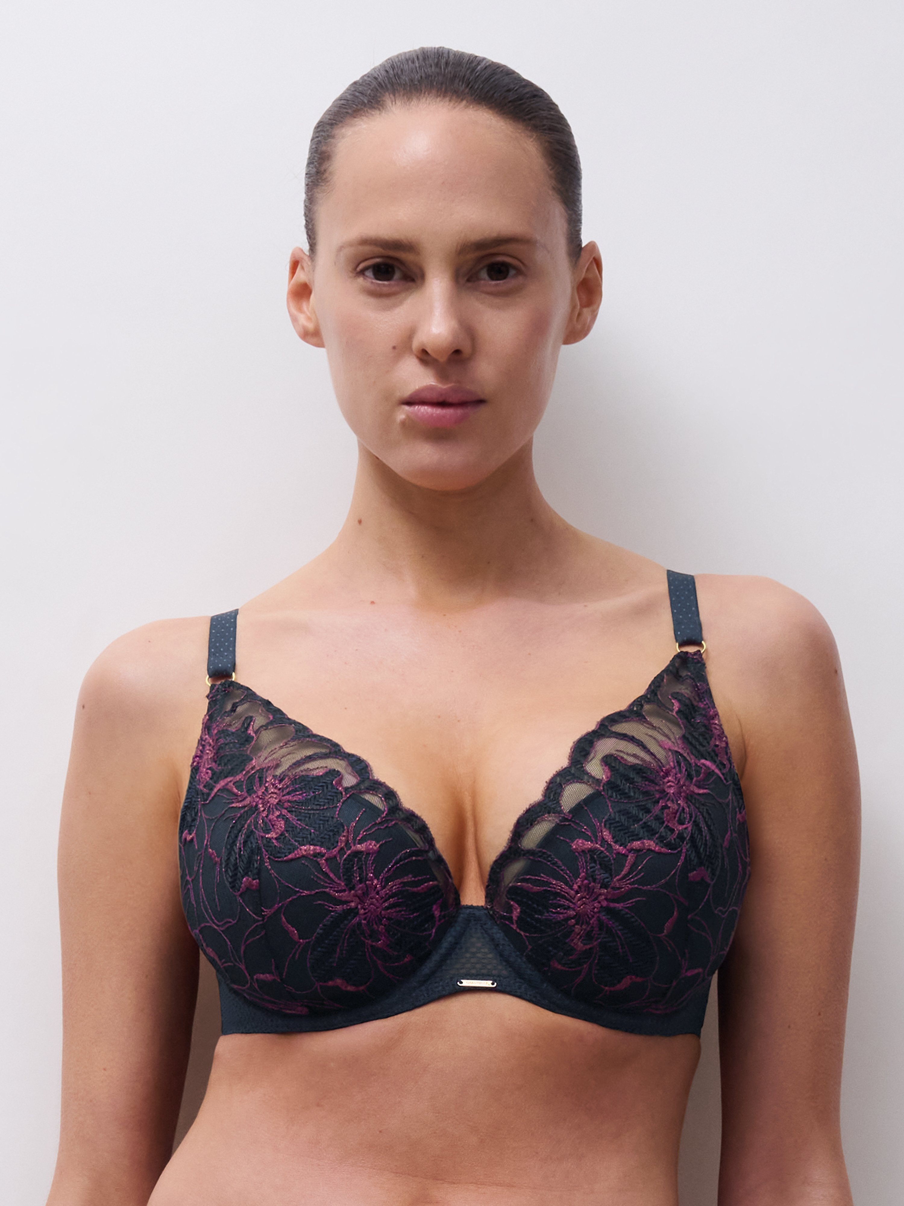 Plunging padded bra with floral embroidery CHANTELLE Multicolored