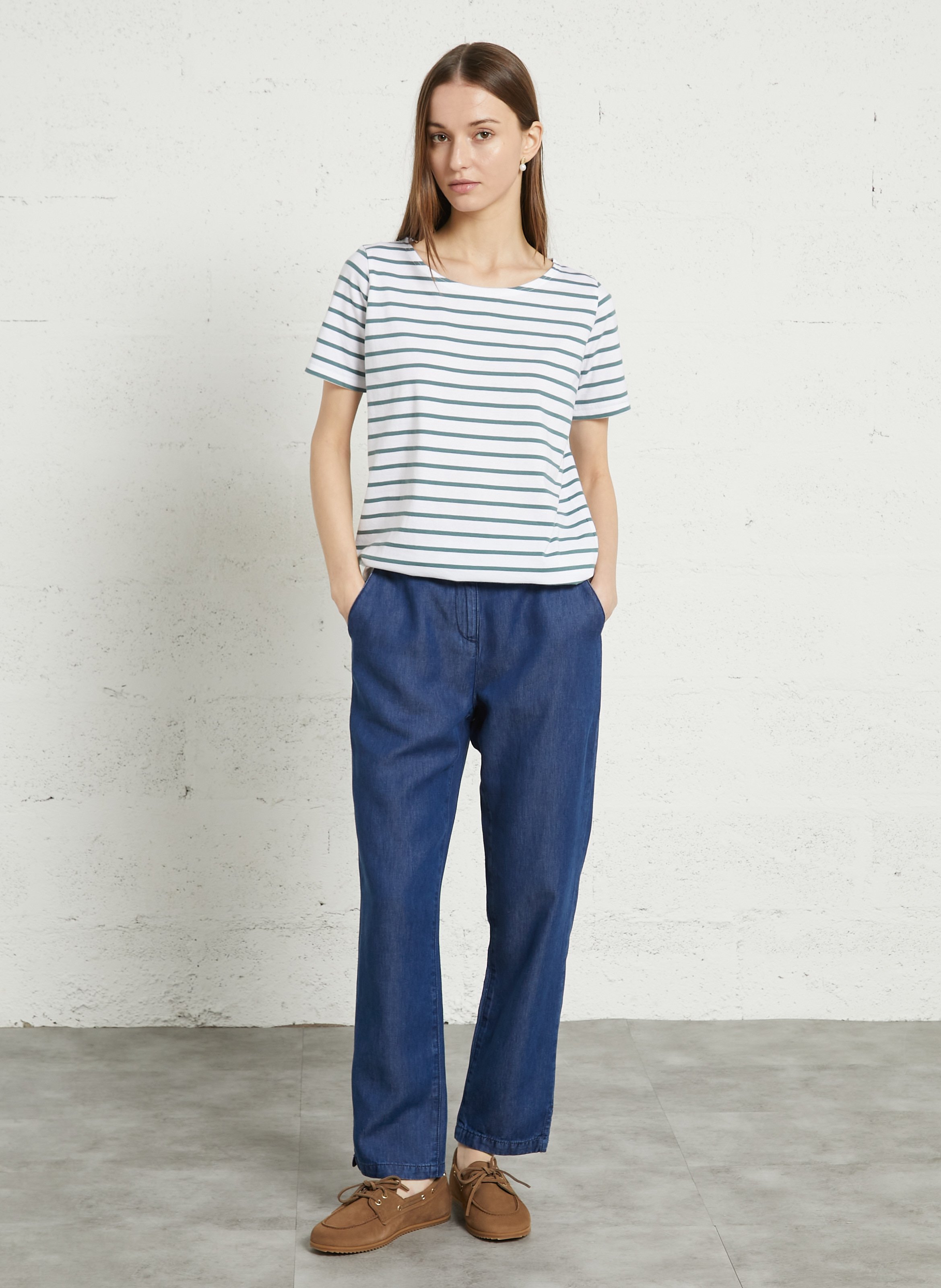 Gestreiftes T-Shirt aus leichter Baumwolle mit U-Boot-Ausschnitt ARMOR LUX Weiss