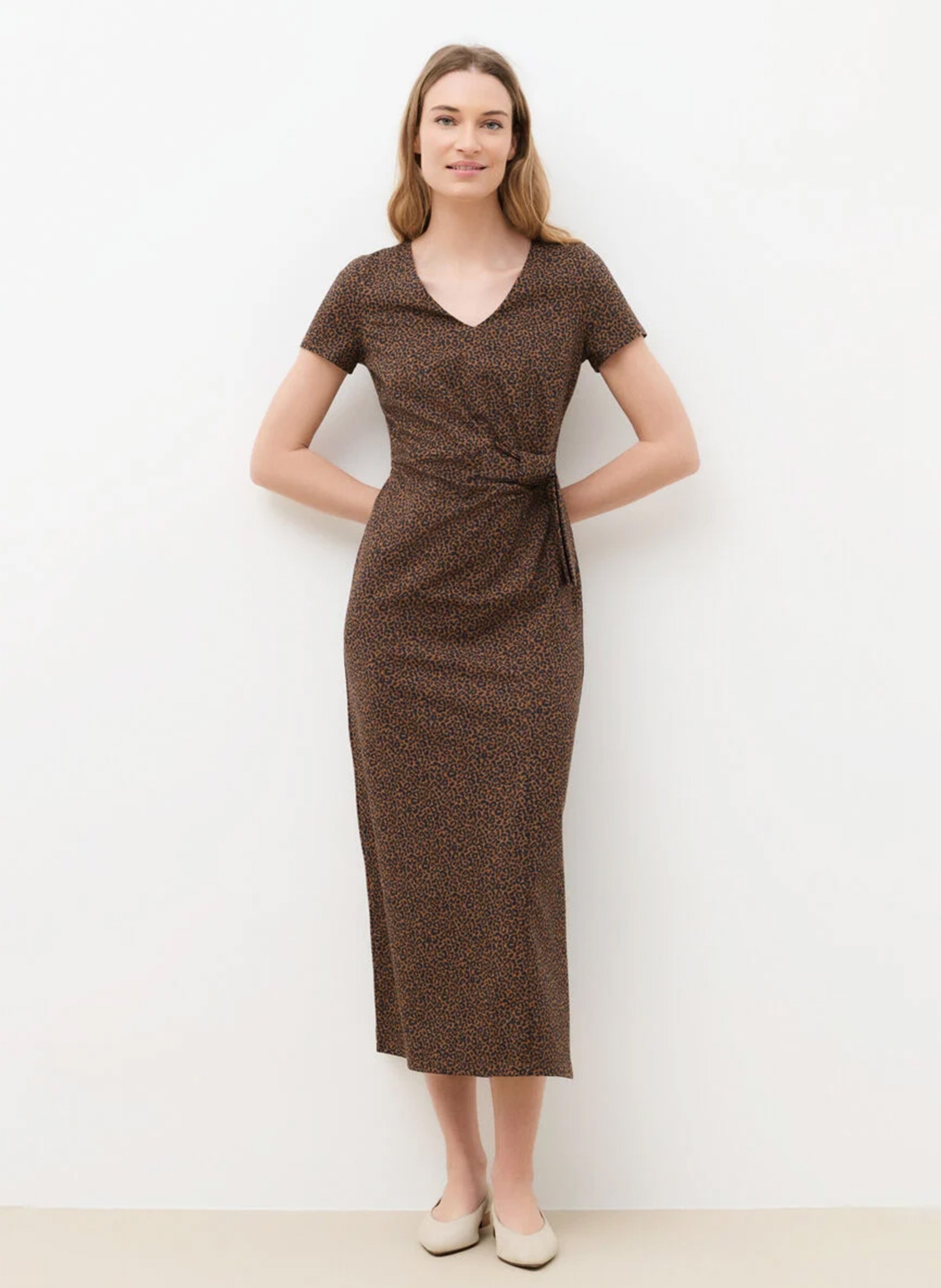 Long cotton-blend V-neck dress CAROLL Brown