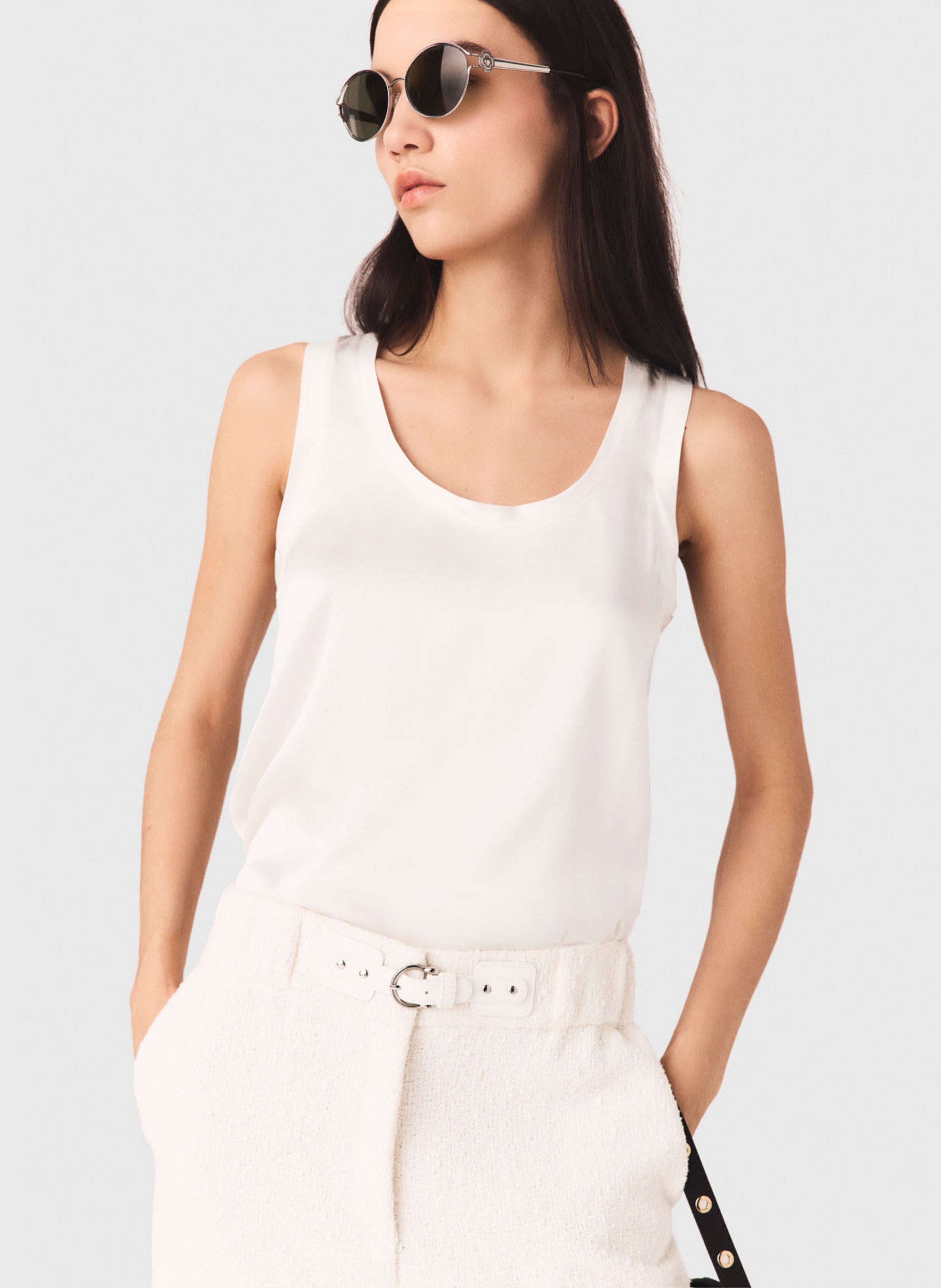 Round neck silk blend tank top MAJE White