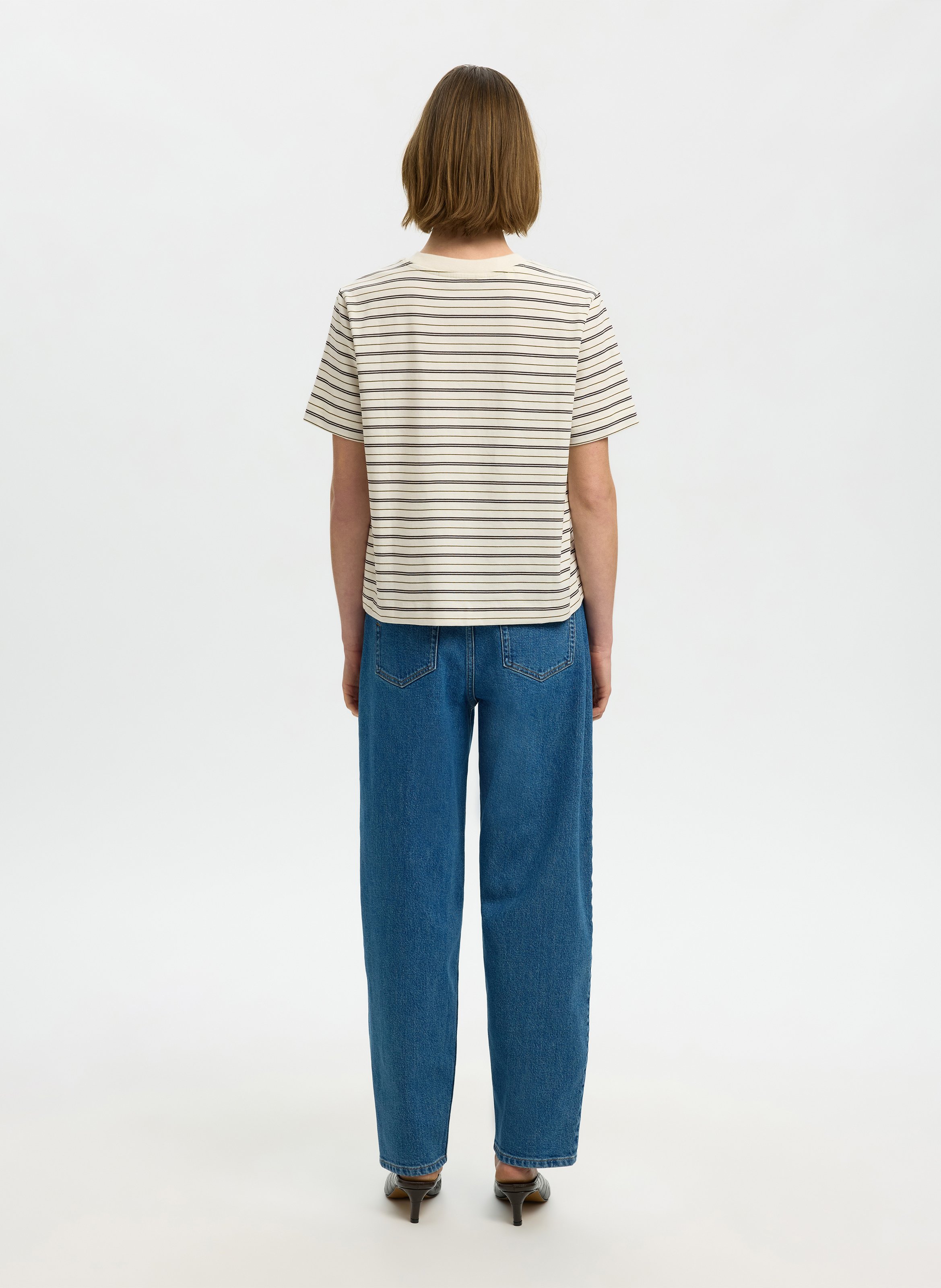 Tee-shirt droit en coton bio rayé | Marron SELECTED Femme