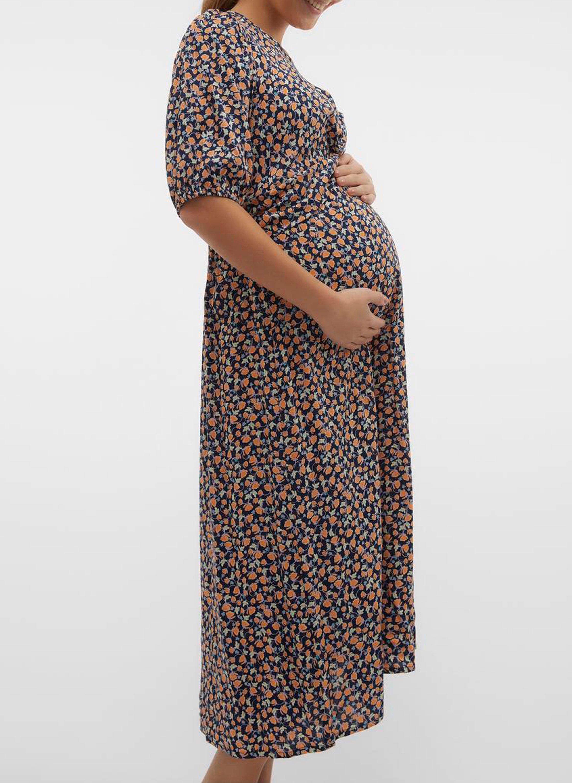 Straight-cut printed midi dress with round neck MAMALICIOUS Blue