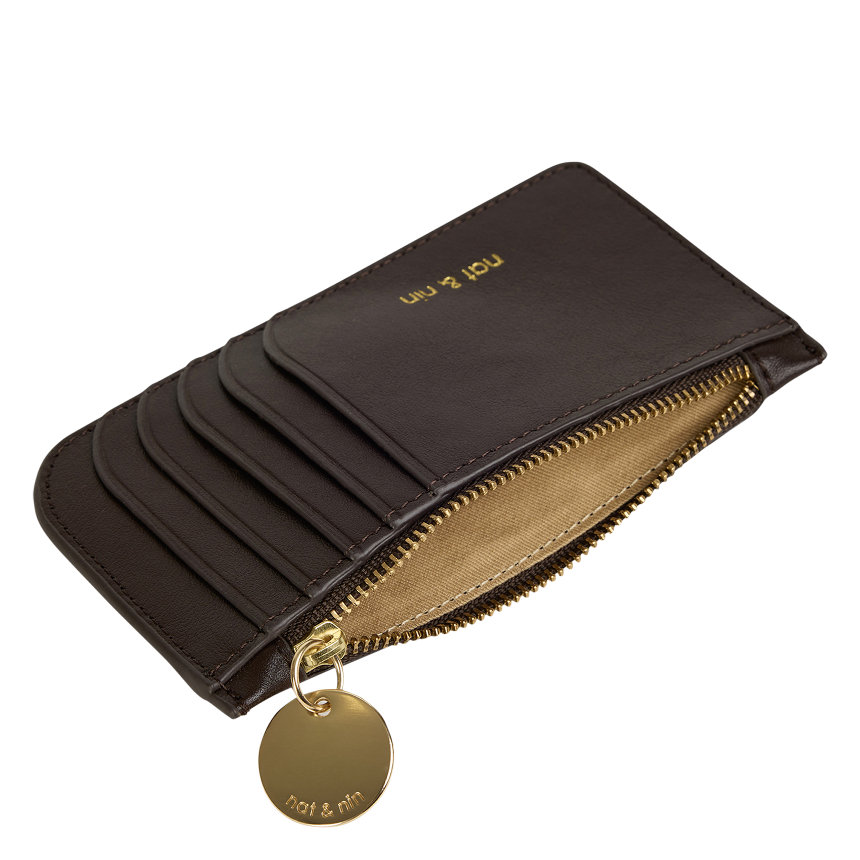 Porte-cartes zippé en cuir NAT & NIN Marron