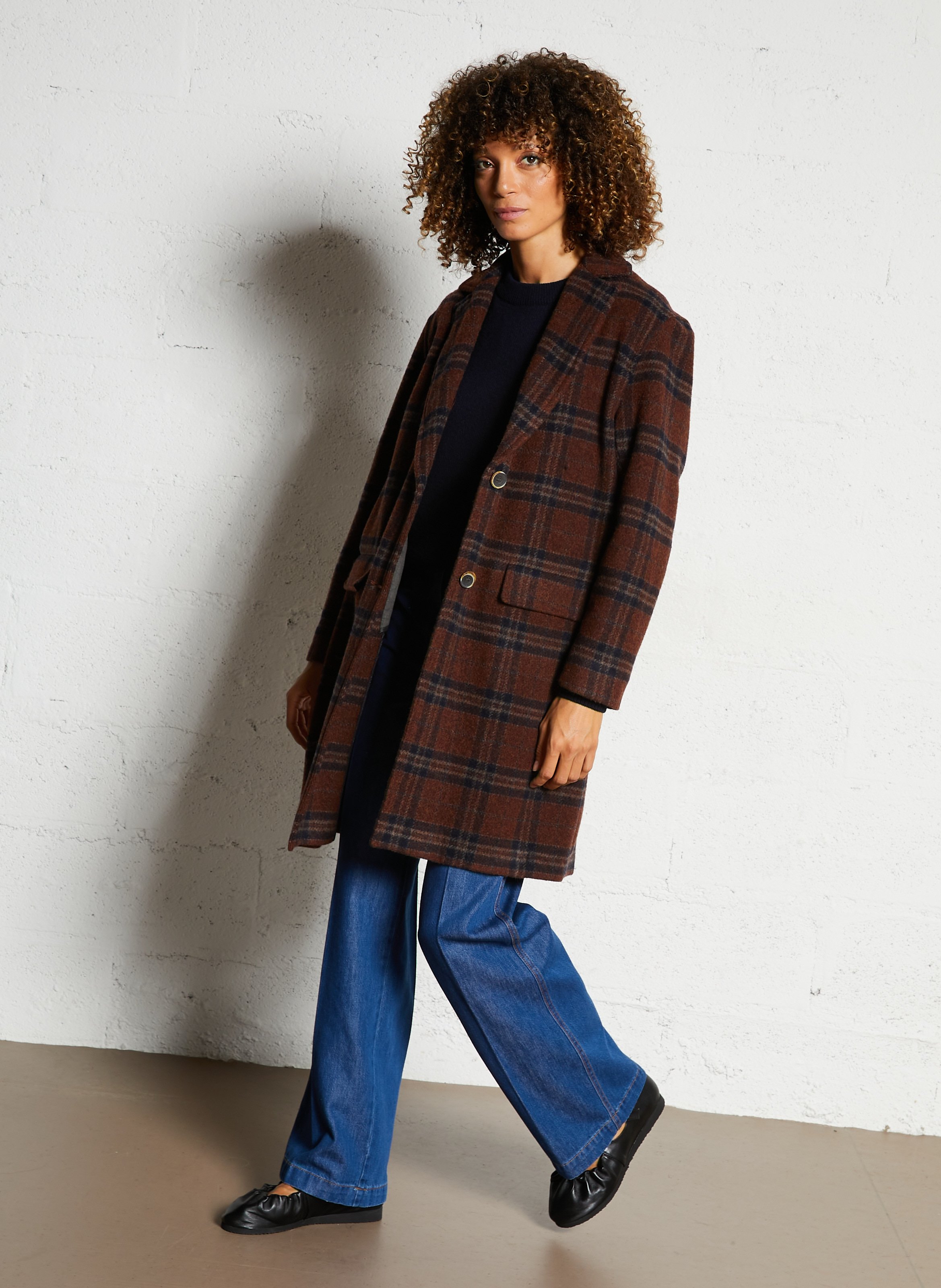 Manteau long col tailleur à carreaux en laine mélangée DIEGA Rouge