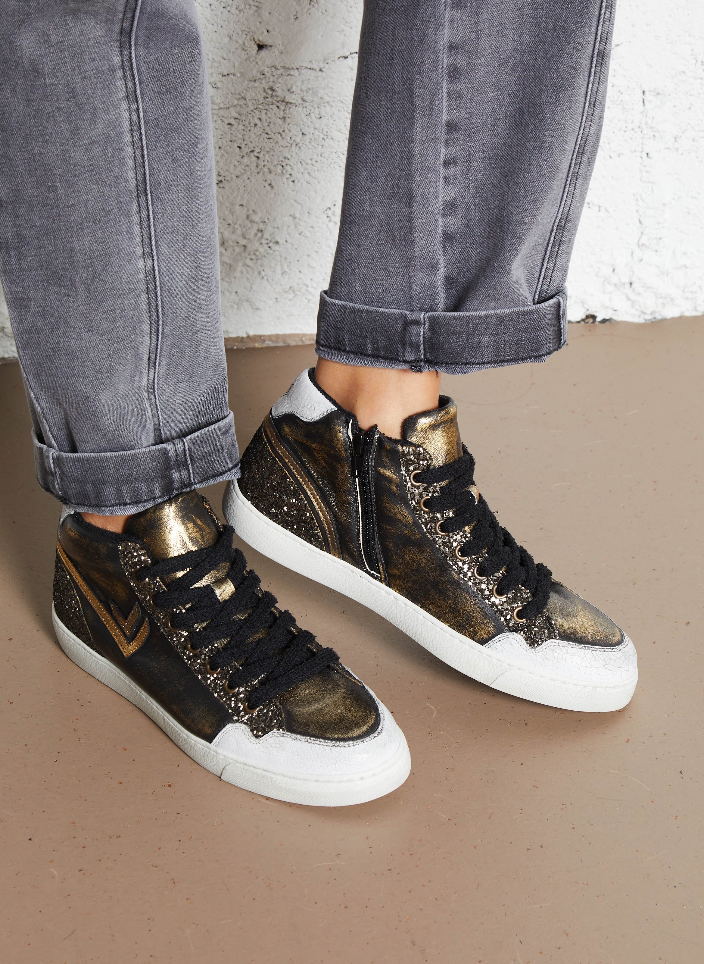 Metallische Sneakers mit Pailletten aus Leder IKKS Khaki