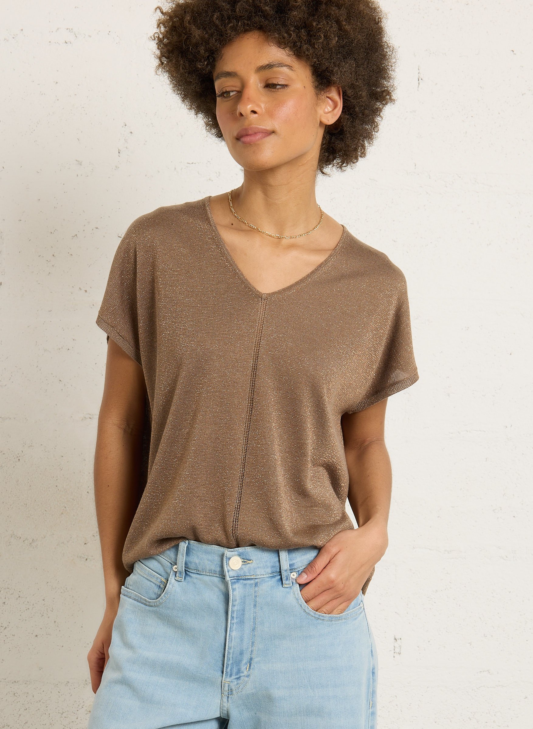 Ruime V-hals trui met pailletten SUD EXPRESS Bruin