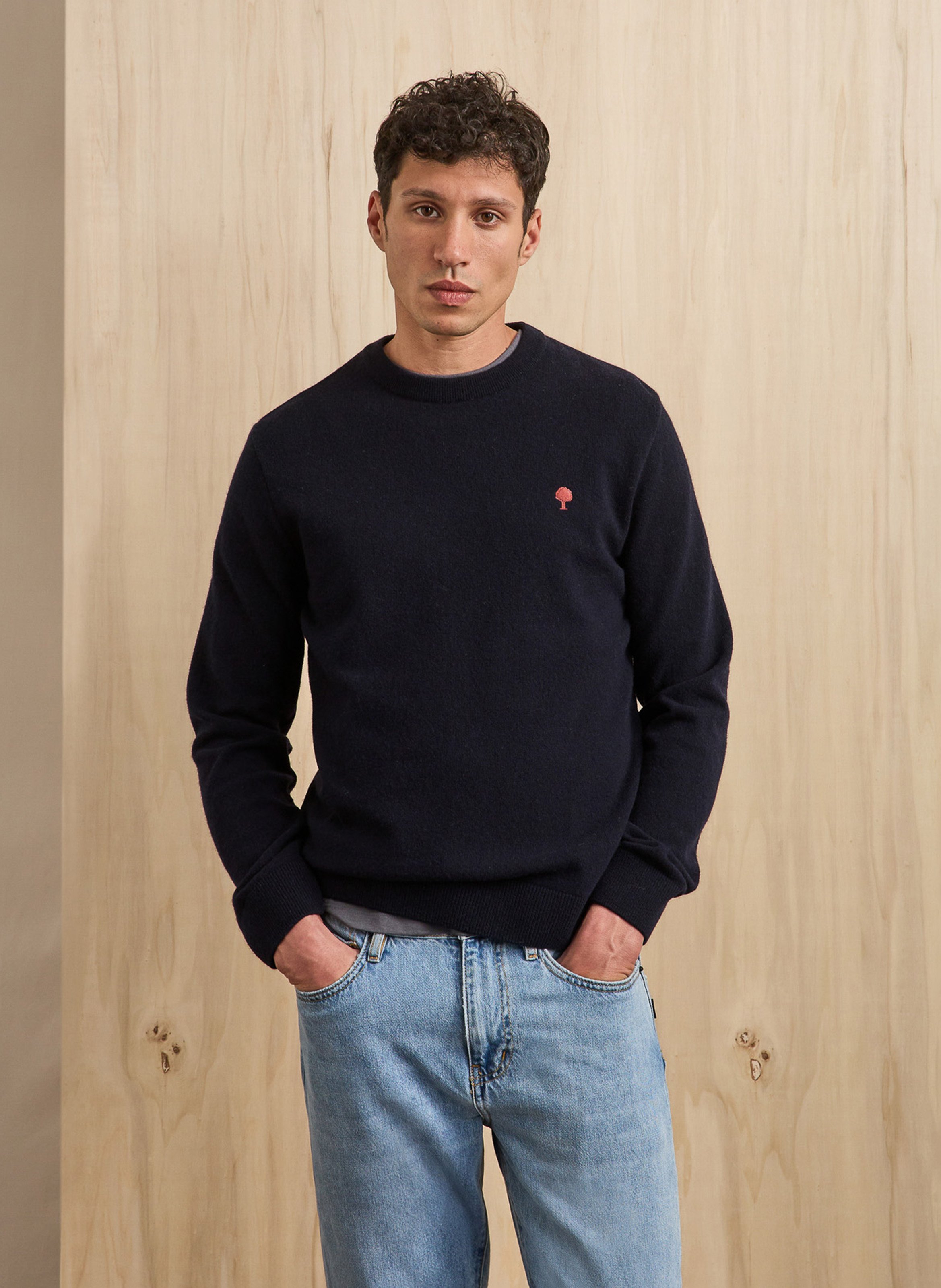 Pull col rond droit en laine mélangée FAGUO Bleu