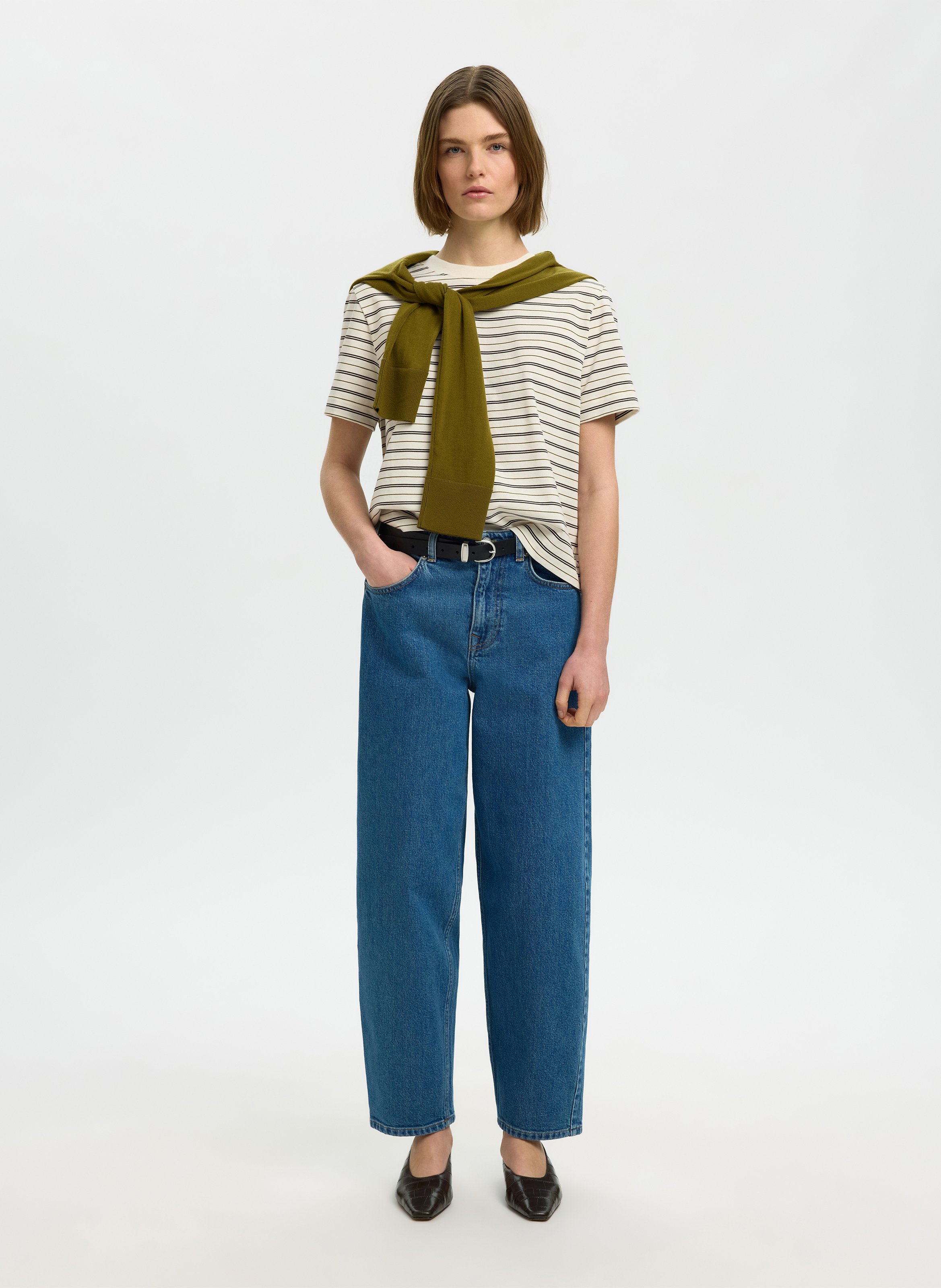 Tee-shirt droit en coton bio rayé | Marron SELECTED Femme