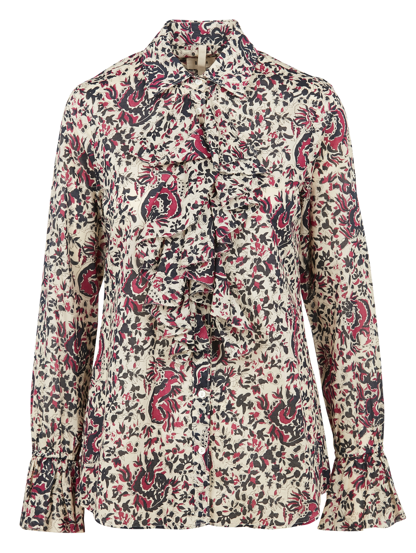 Chemise col classique imprimé floral à volants en coton  DIEGA Beige