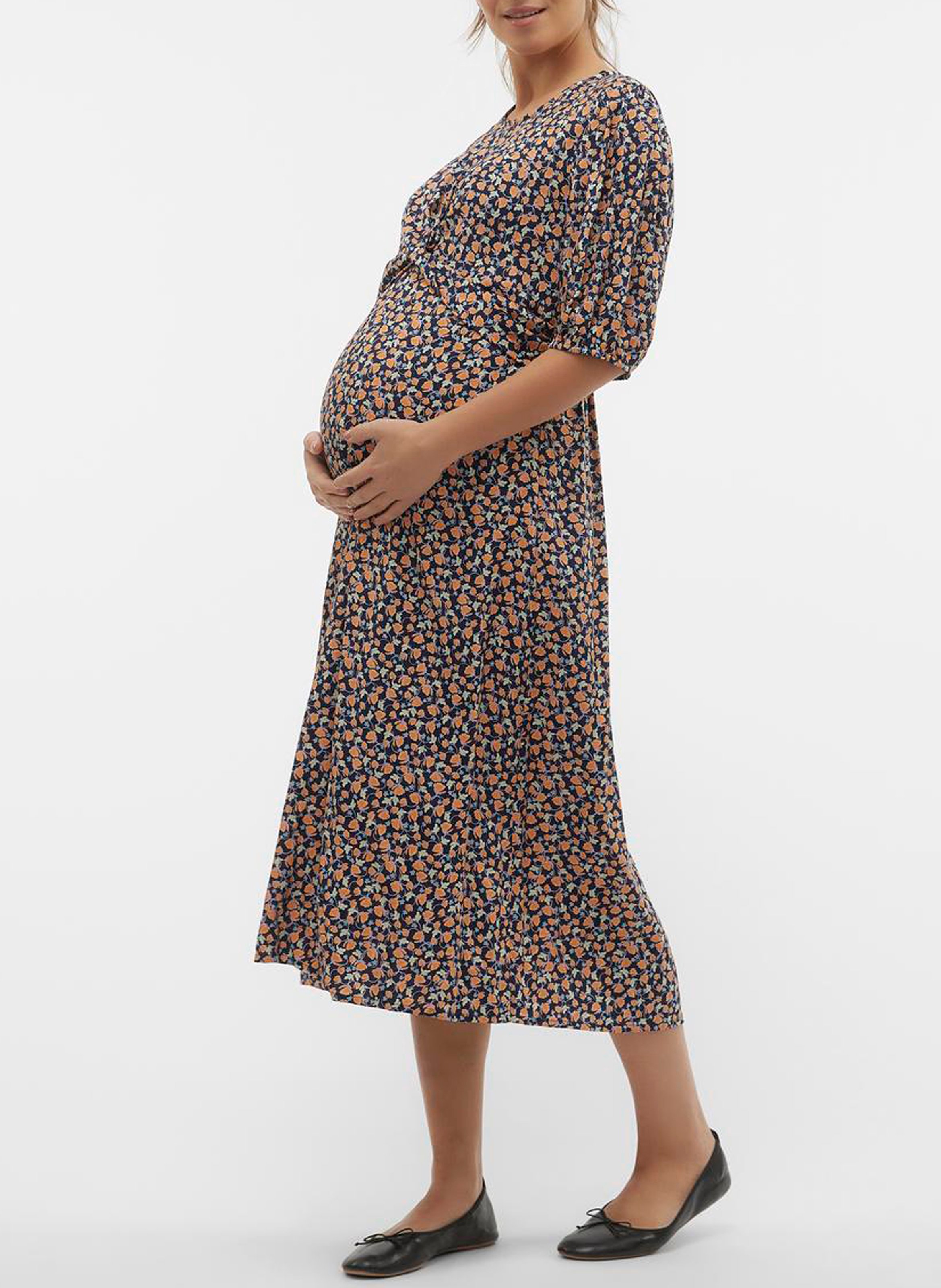 Straight-cut printed midi dress with round neck MAMALICIOUS Blue