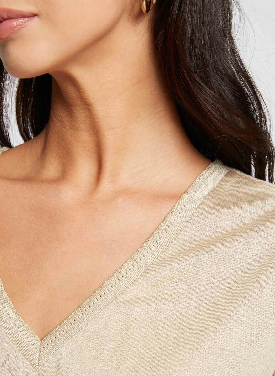 Tee-shirt col V métallisé  MORGAN Beige