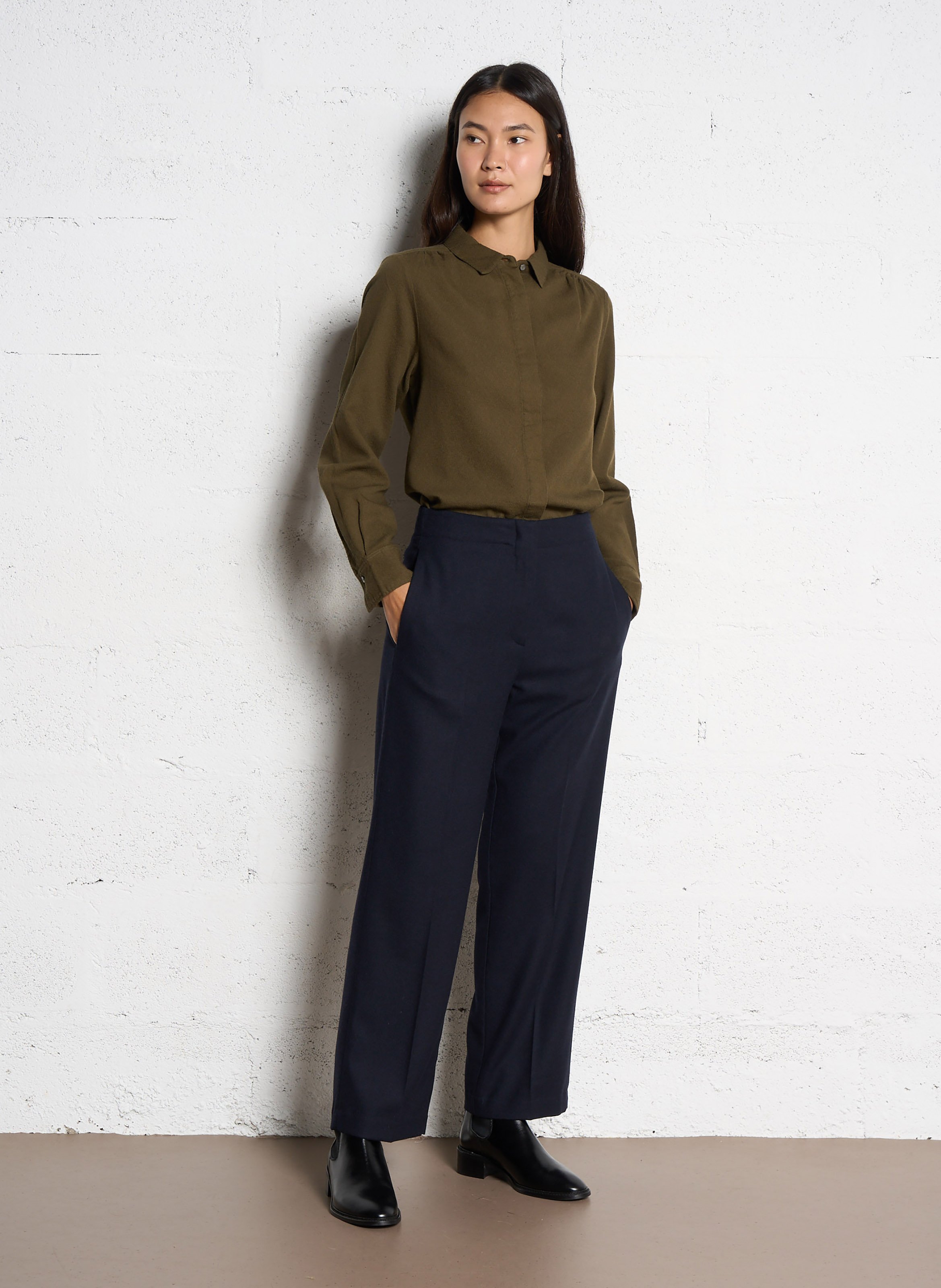 Chemise col classique en coton et en laine mélangés  POMANDERE Kaki