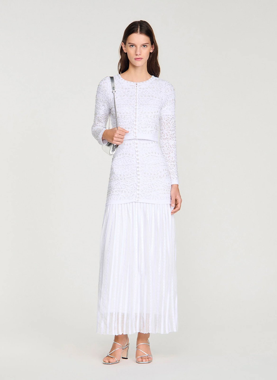 Gilet col rond en dentelle SANDRO Blanc